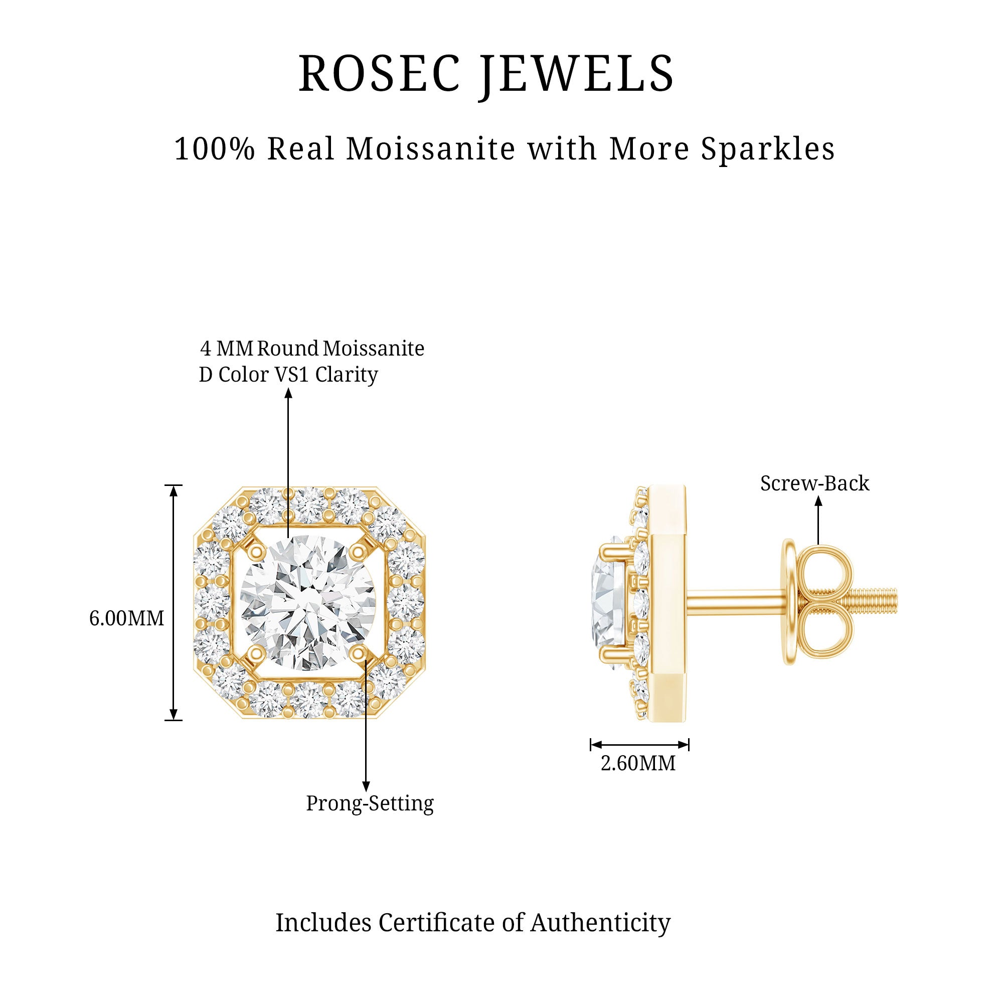 Round Cut Certified Moissanite Halo Stud Earrings with Screw Back D-VS1 - Rosec Jewels