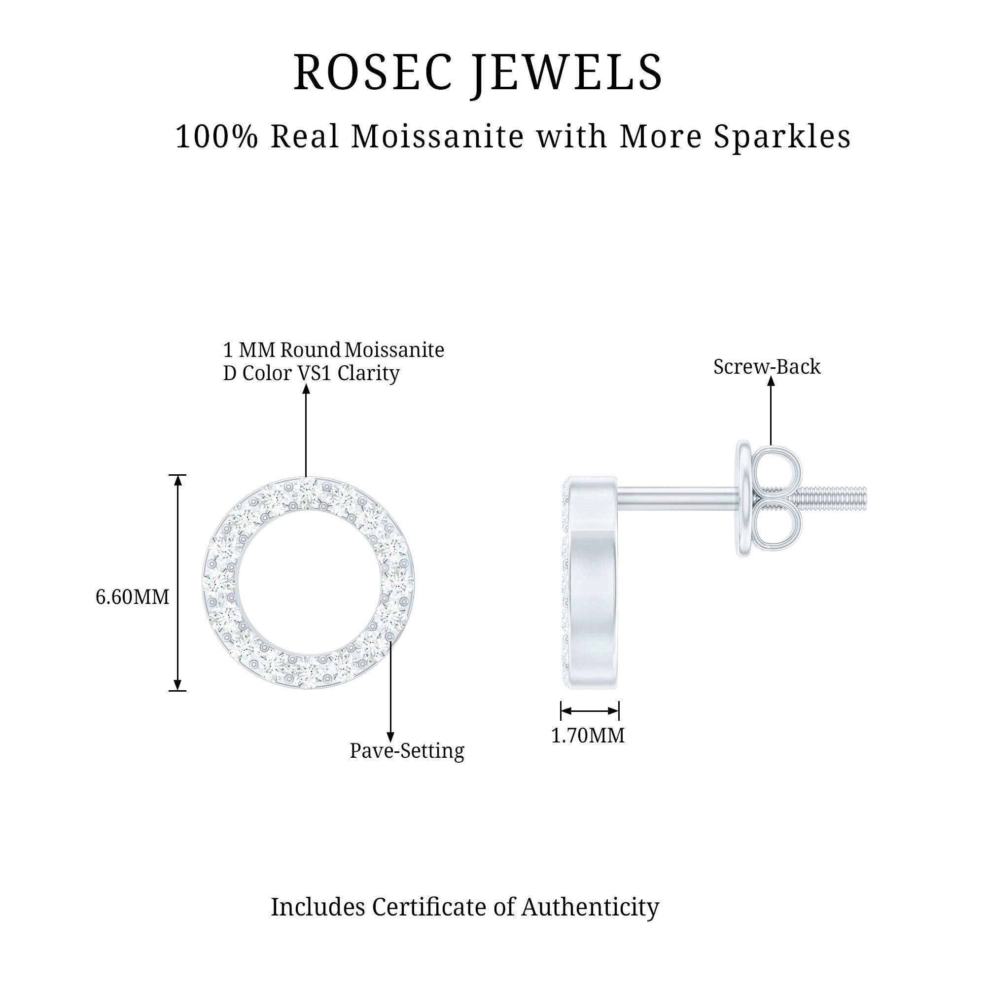 Round Cut Moissanite Eternity Stud Earrings with Screw Back D-VS1 - Rosec Jewels