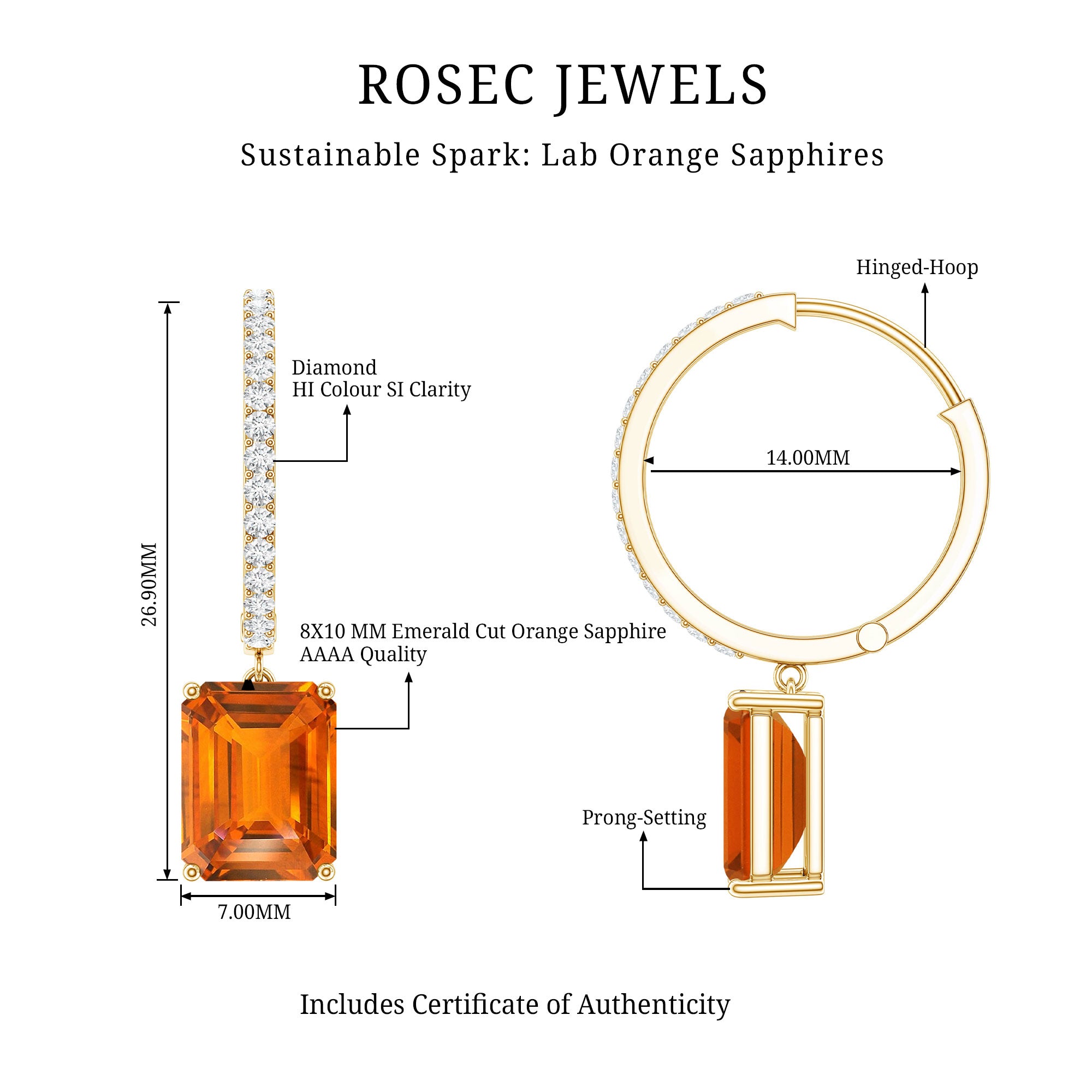 Emerald Cut Lab Grown Orange Sapphire Drop Hoop Earrings with Diamond AAAA - Rosec Jewels
