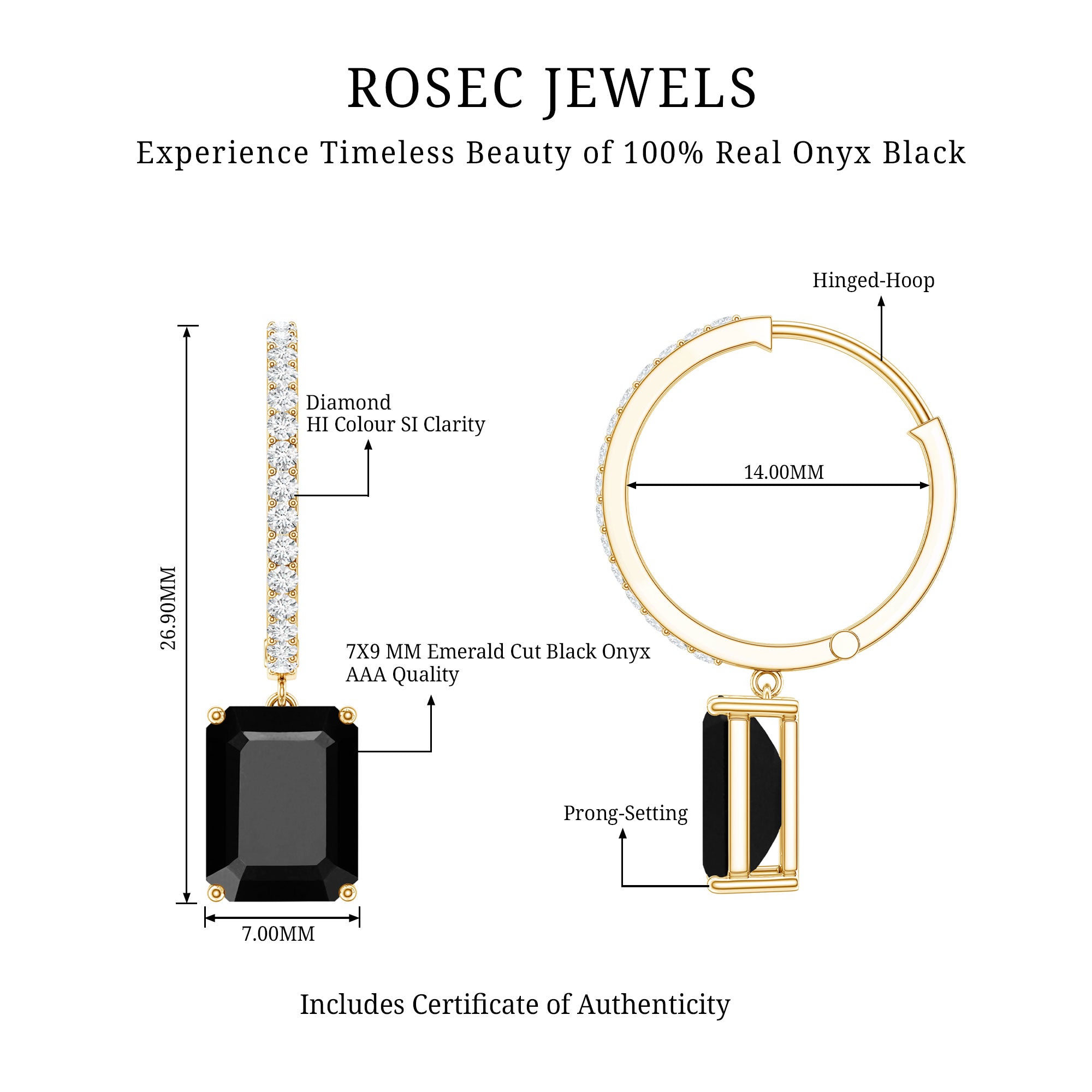Natural 7X9mm Emerald Cut Black Onyx Hoop Drop Earrings with Diamond AAA - Rosec Jewels