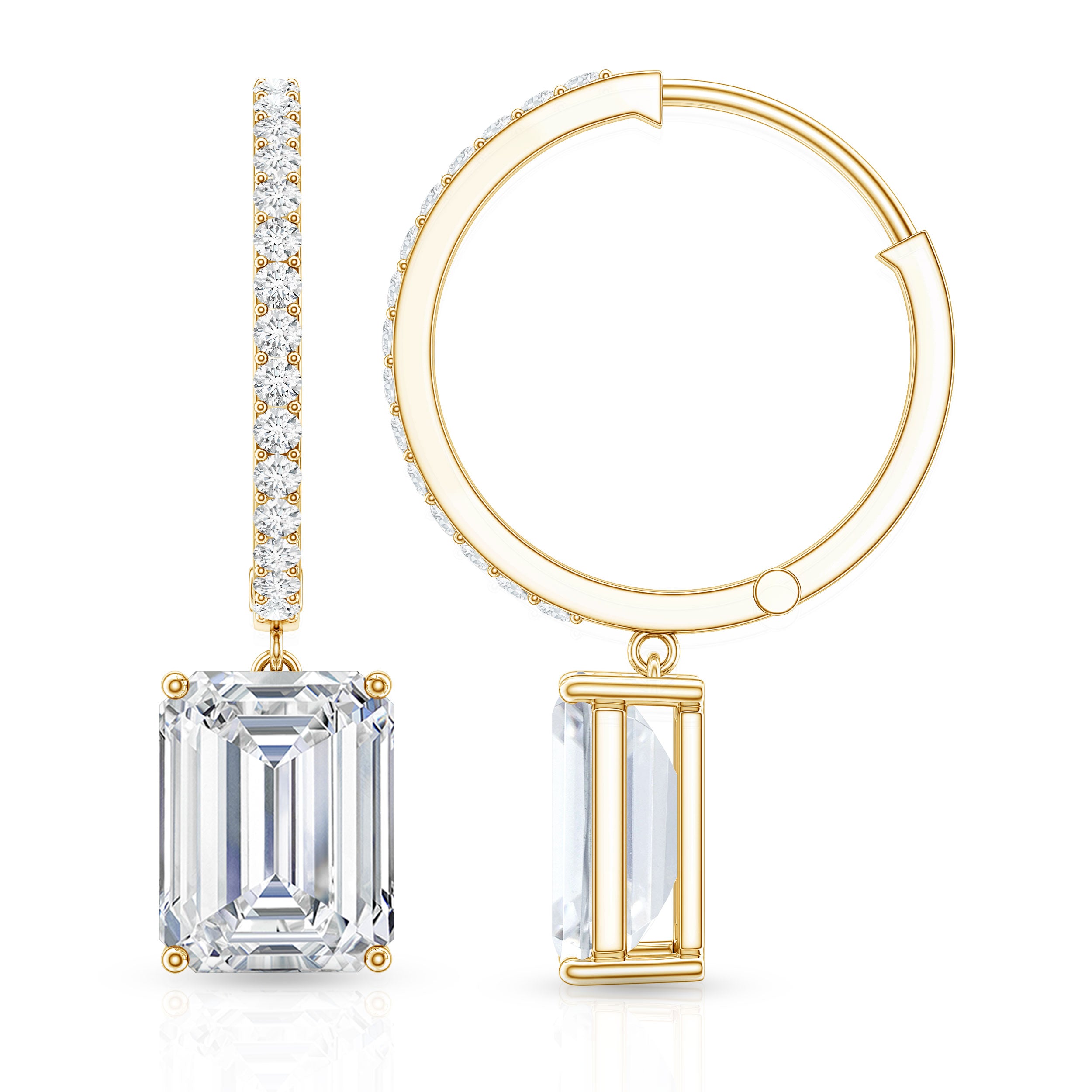 Certified 2.8 Carat Emerald Cut Moissanite Drop Hoop Earrings D-VS1 - Rosec Jewels