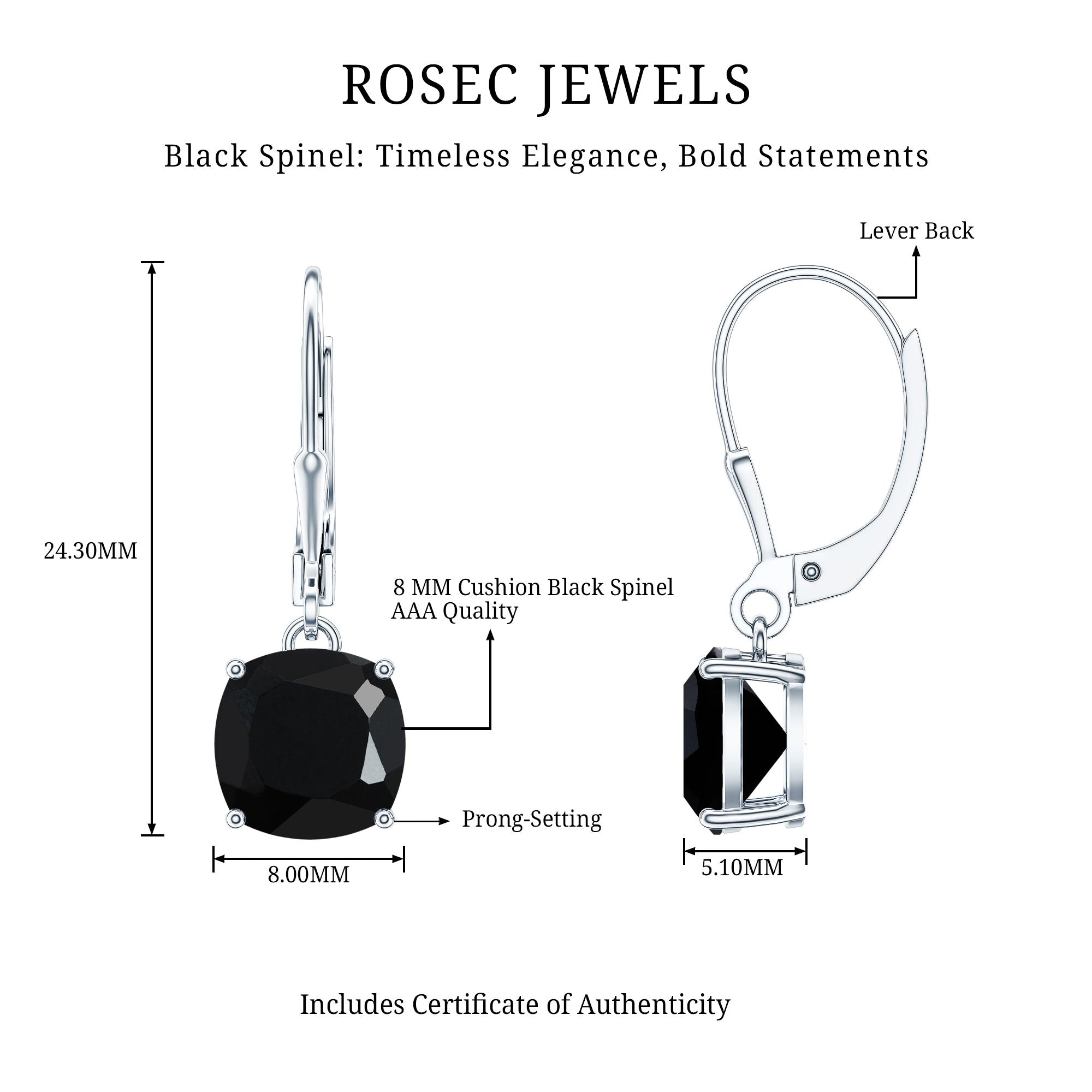 Genuine 8mm Cushion Cut Black Spinel Drop Earrings Lever Back AAA - Rosec Jewels