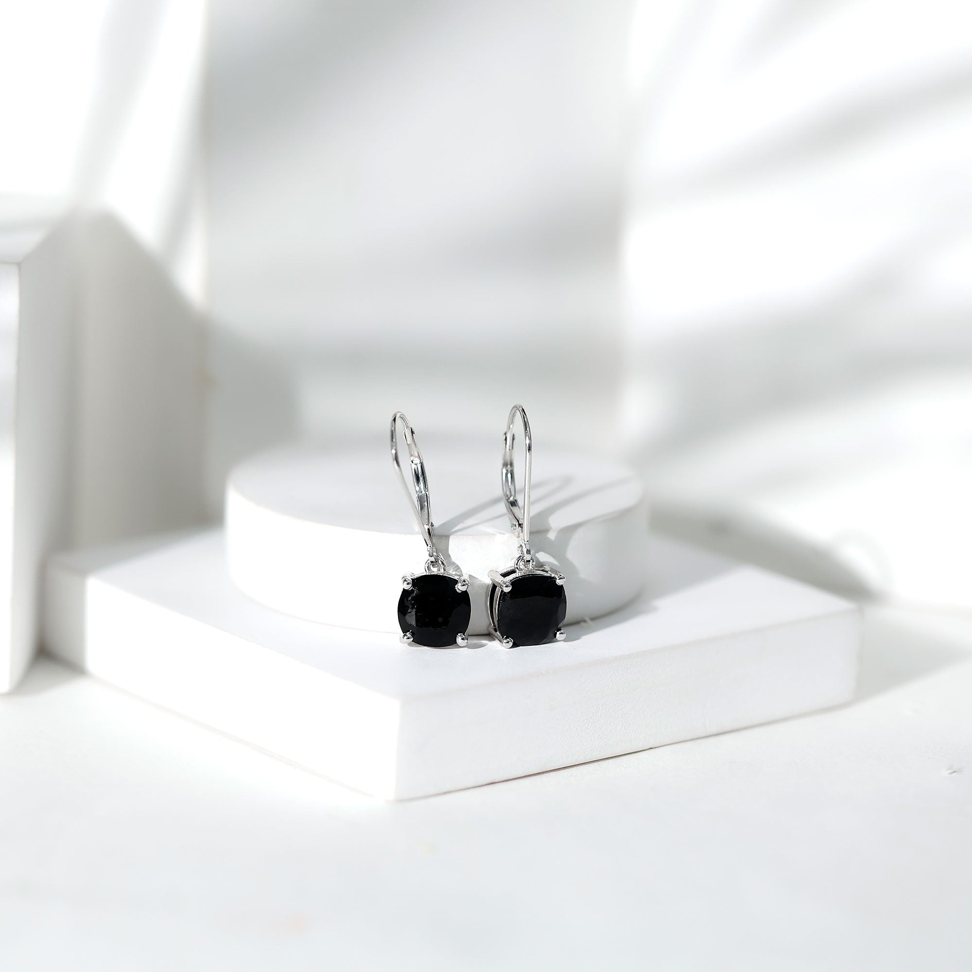 Genuine 8mm Cushion Cut Black Spinel Drop Earrings Lever Back AAA - Rosec Jewels