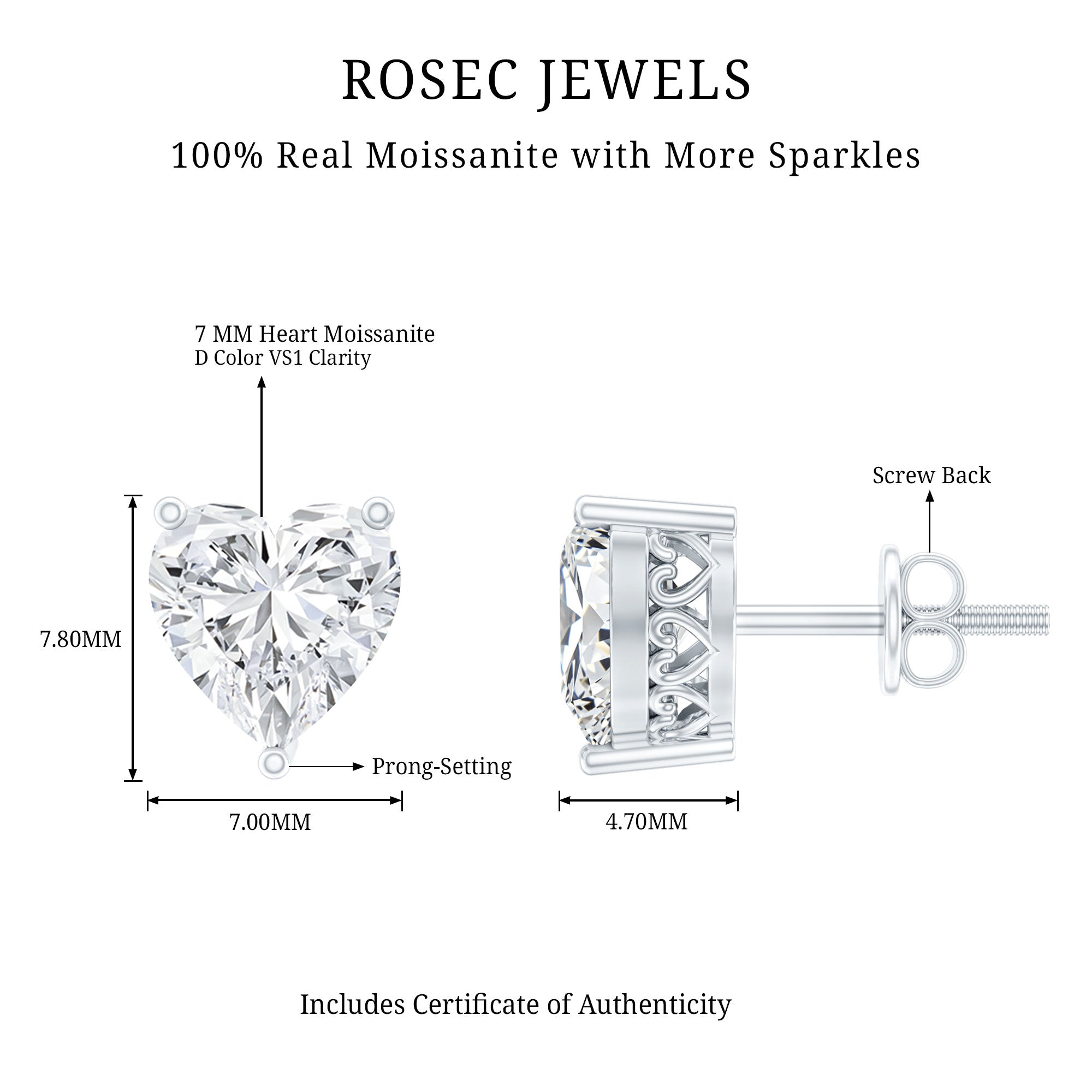 Certified 3 Carat Moissanite Heart Earrings For Women D-VS1 - Rosec Jewels