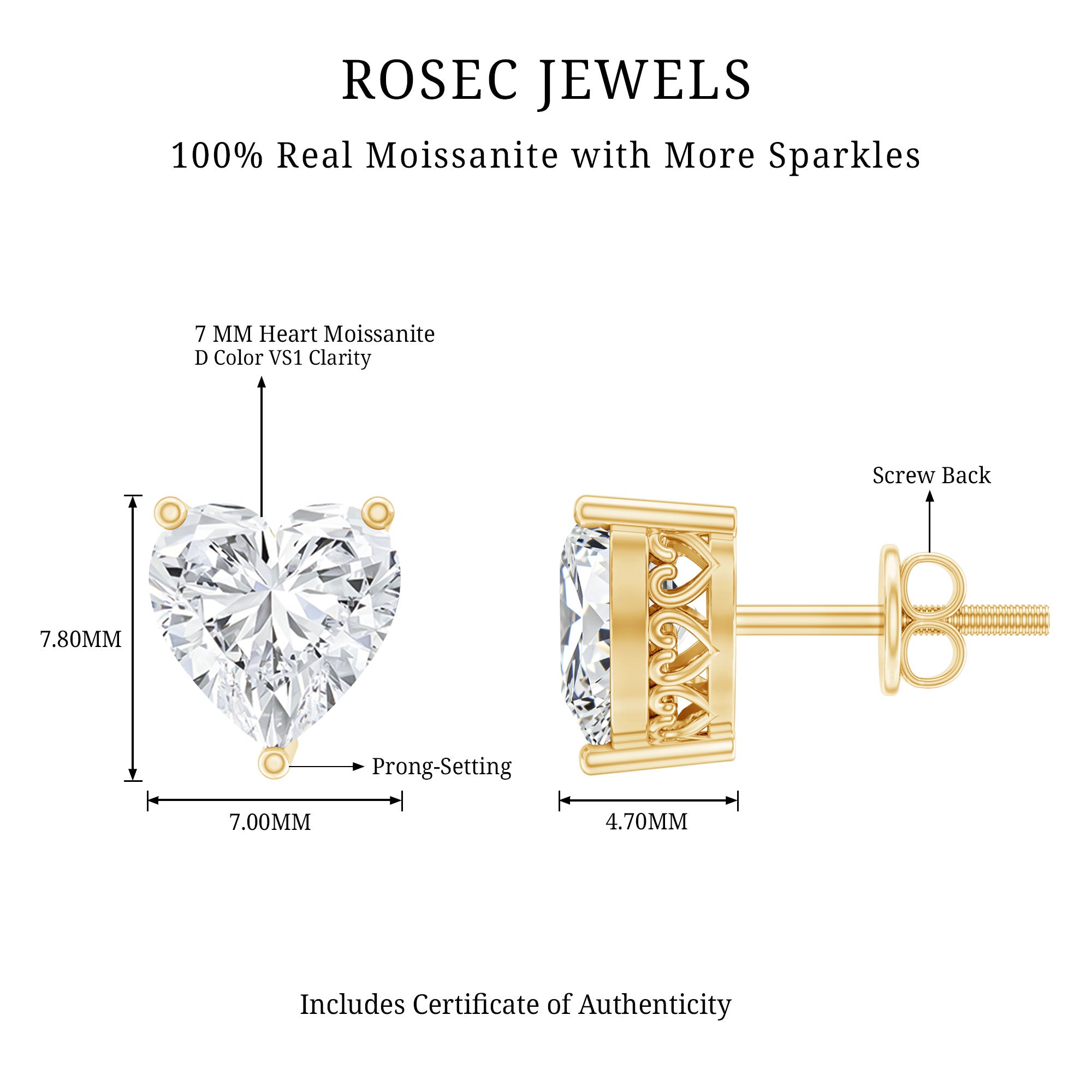 Certified 3 Carat Moissanite Heart Earrings For Women D-VS1 - Rosec Jewels