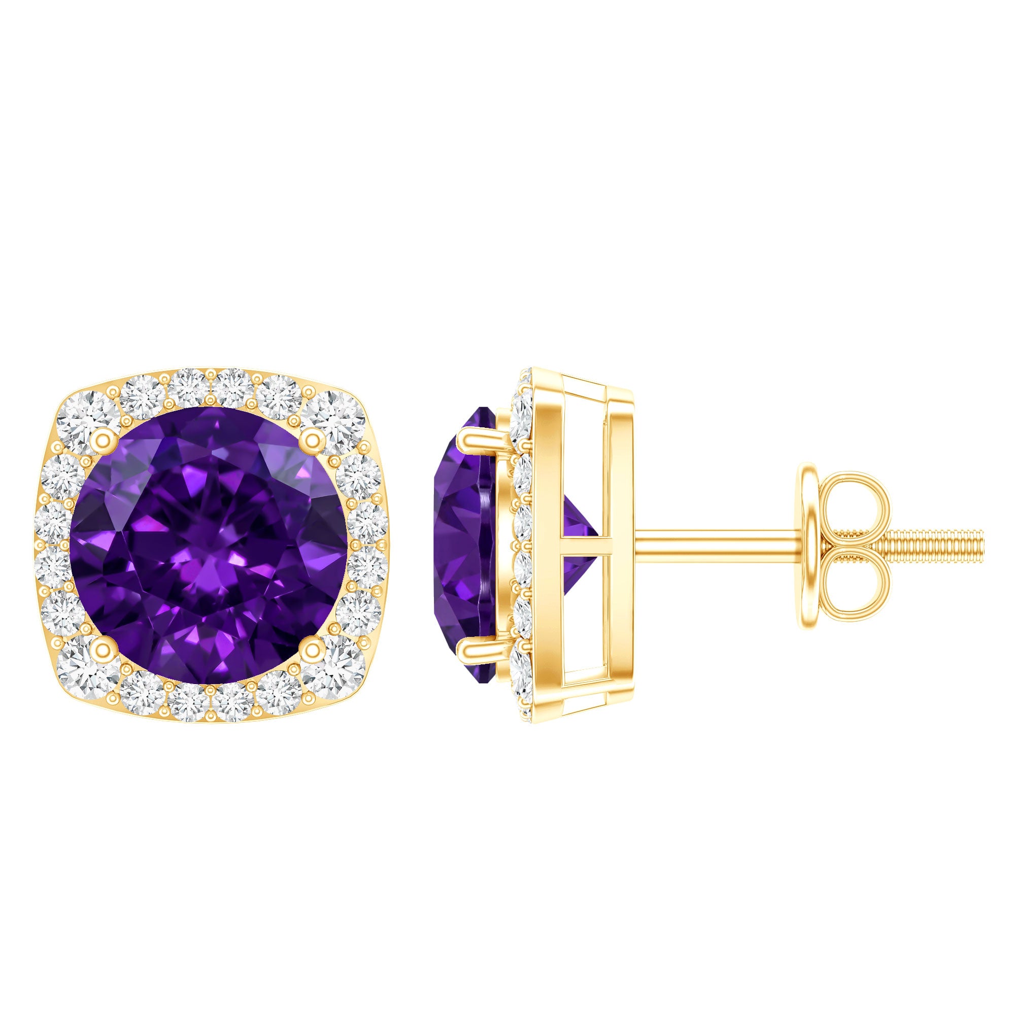 Classic Round Amethyst Halo Stud Earrings with Diamond AAA - Rosec Jewels