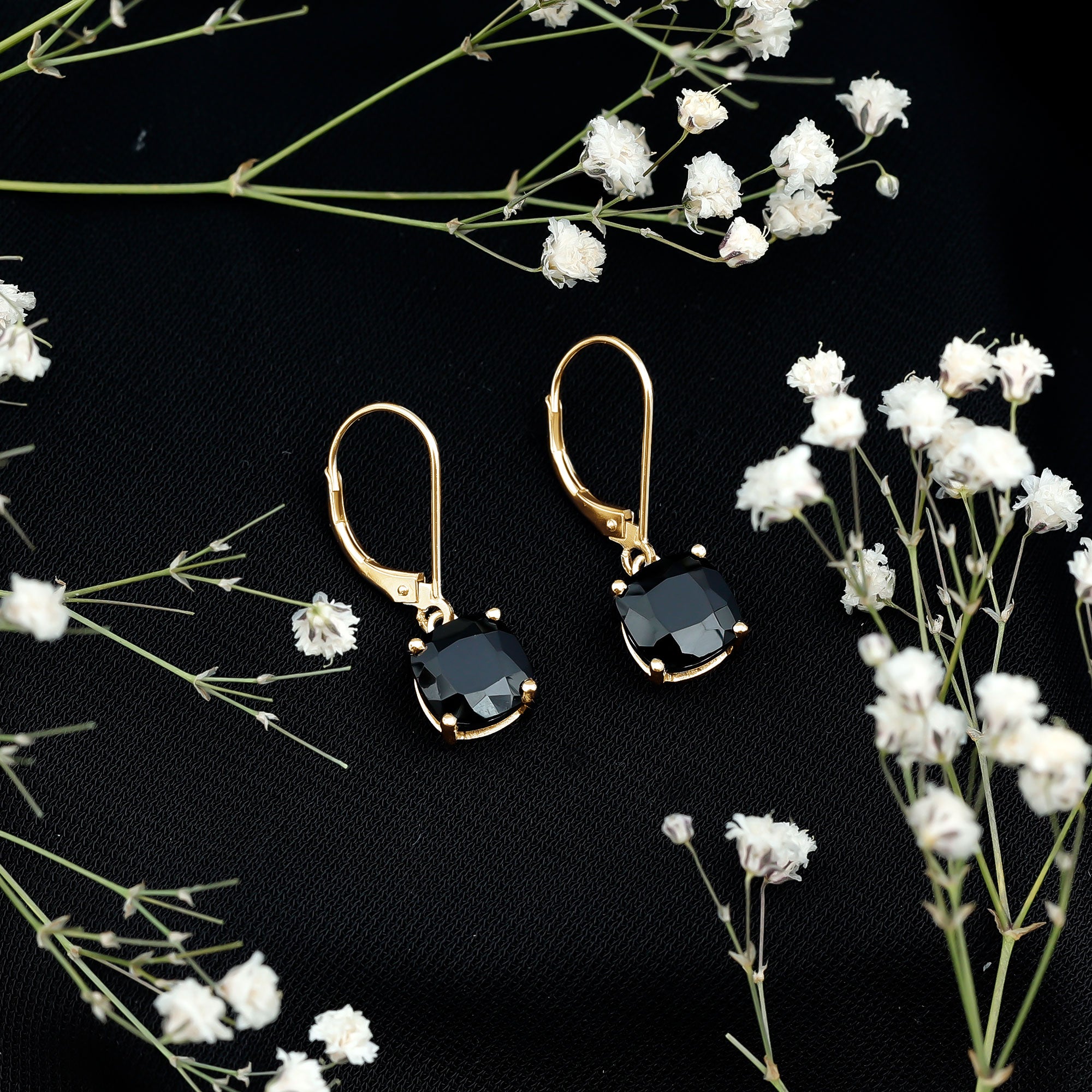 Black Onyx Solitaire Drop Lever Back Earrings AAA - Rosec Jewels