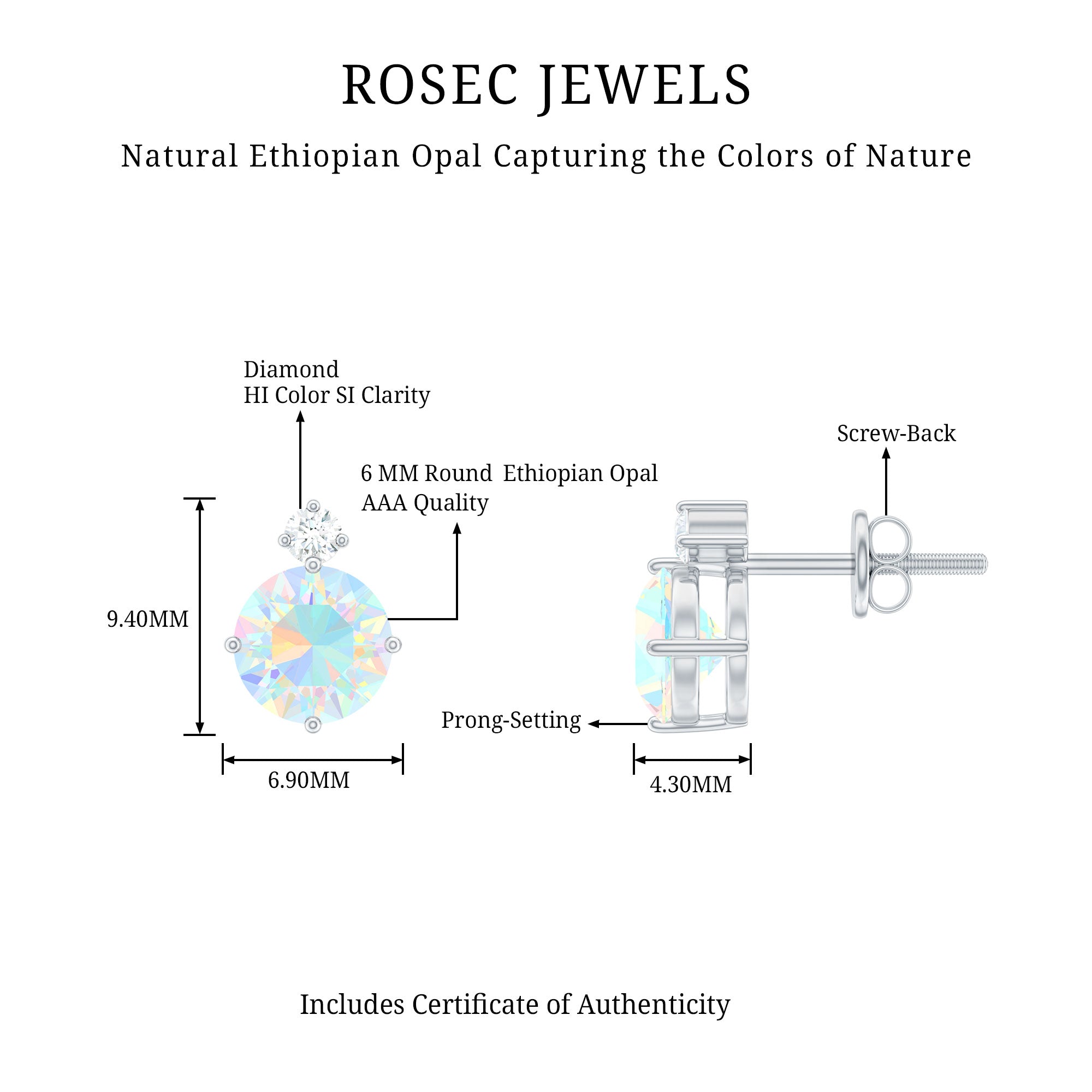 Ethiopian Opal Diamond Solitaire Stud Earrings AAA - Rosec Jewels