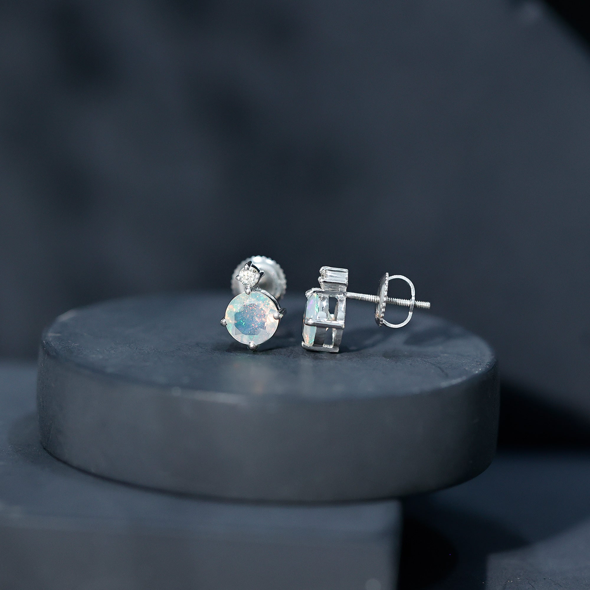 Ethiopian Opal Diamond Solitaire Stud Earrings AAA - Rosec Jewels