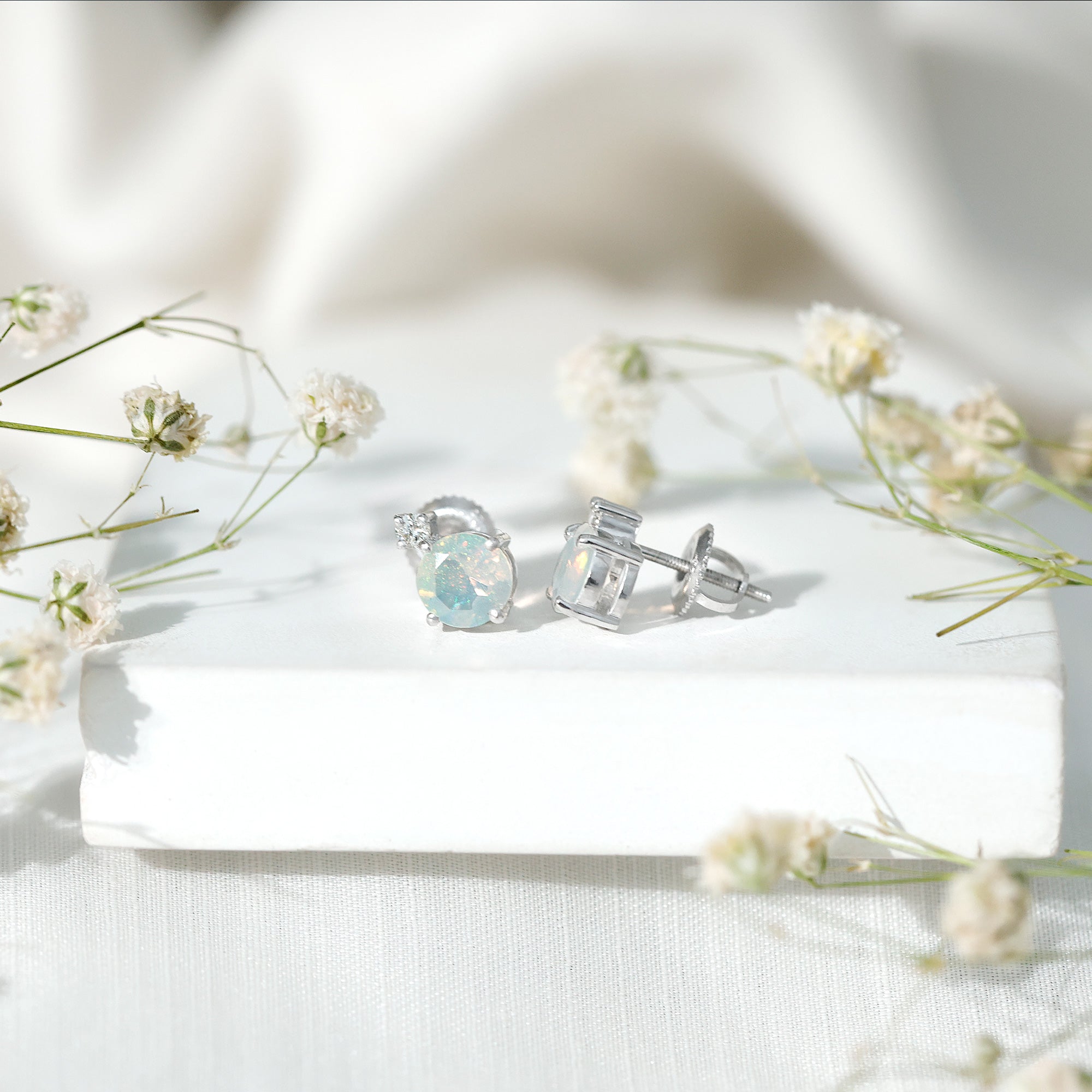 Ethiopian Opal Diamond Solitaire Stud Earrings AAA - Rosec Jewels