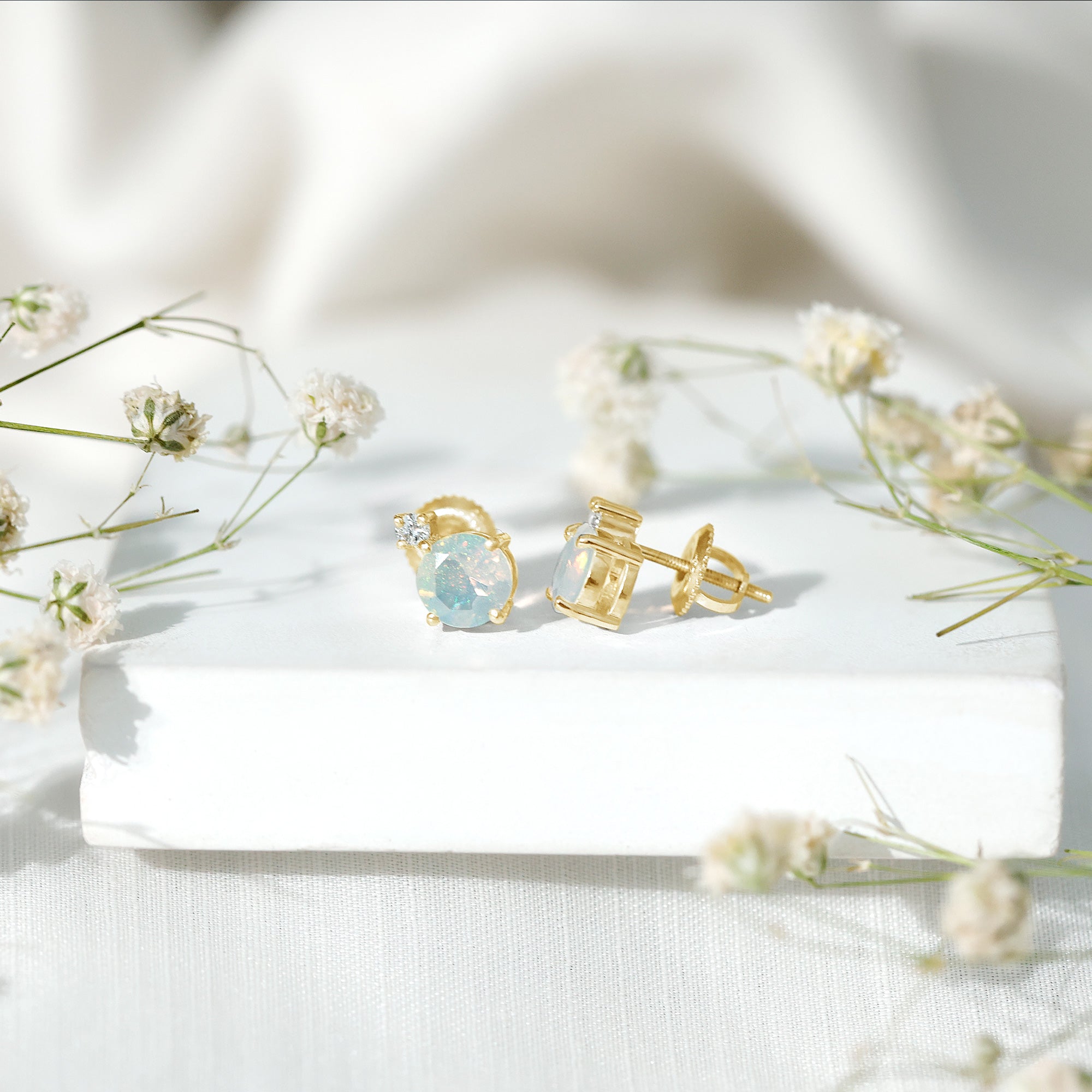 Ethiopian Opal Diamond Solitaire Stud Earrings AAA - Rosec Jewels
