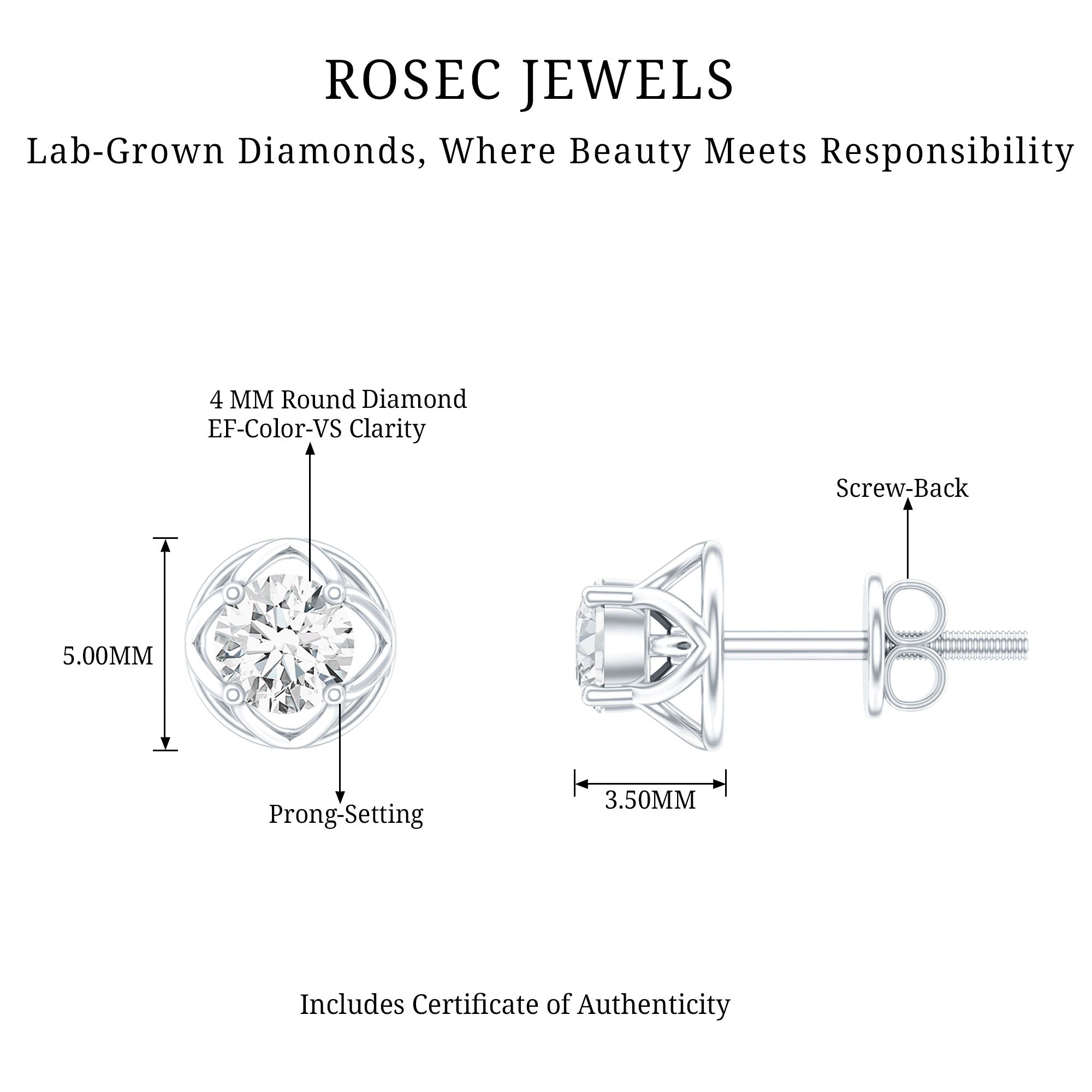 Round Diamond Solitaire Stud Earrings with Screw Back Lab - ( EF-VS ) - Rosec Jewels