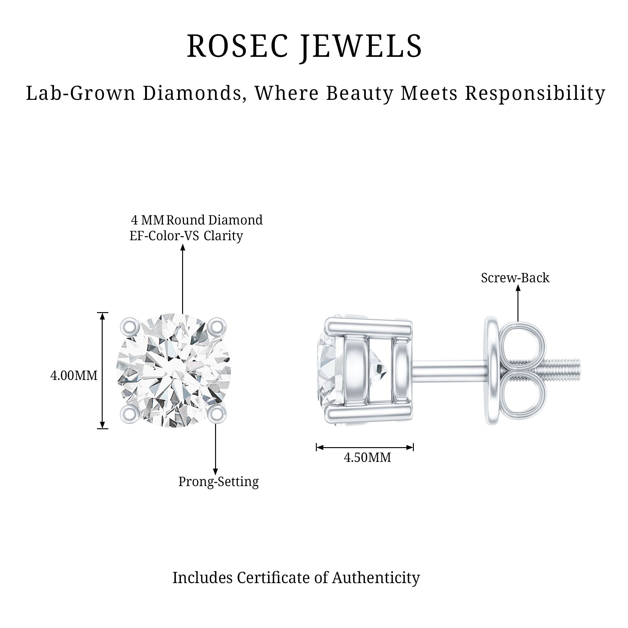 Brilliant Cut Diamond Stud Earrings in Prong Setting Lab - ( EF-VS ) - Rosec Jewels