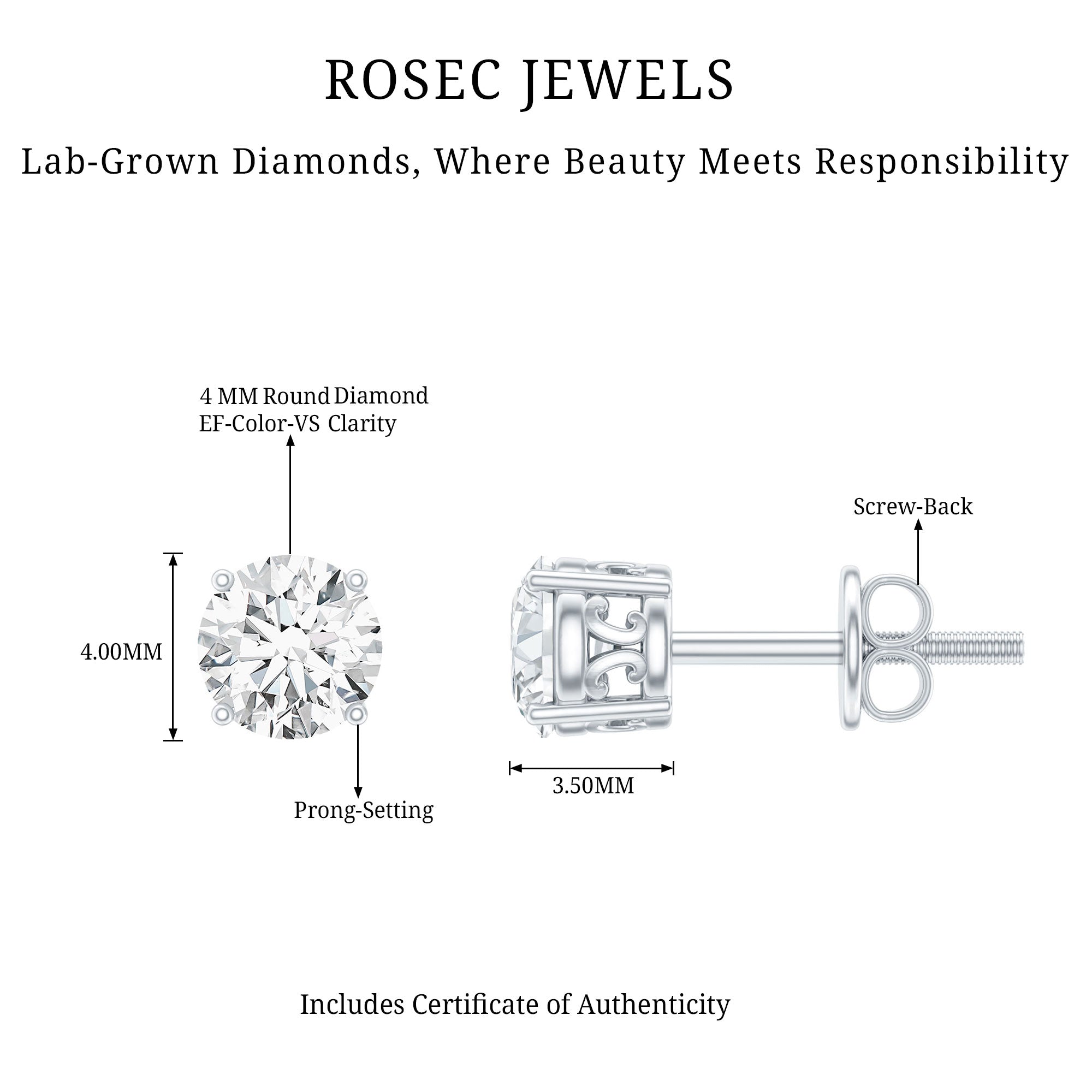 Brilliant Cut Diamond Solitaire Stud Earrings in Prong Setting Lab - ( EF-VS ) - Rosec Jewels