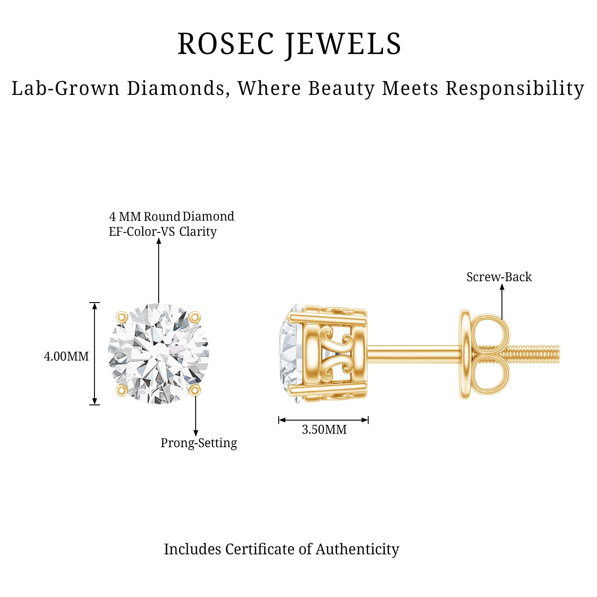 Brilliant Cut Diamond Solitaire Stud Earrings in Prong Setting Lab - ( EF-VS ) - Rosec Jewels