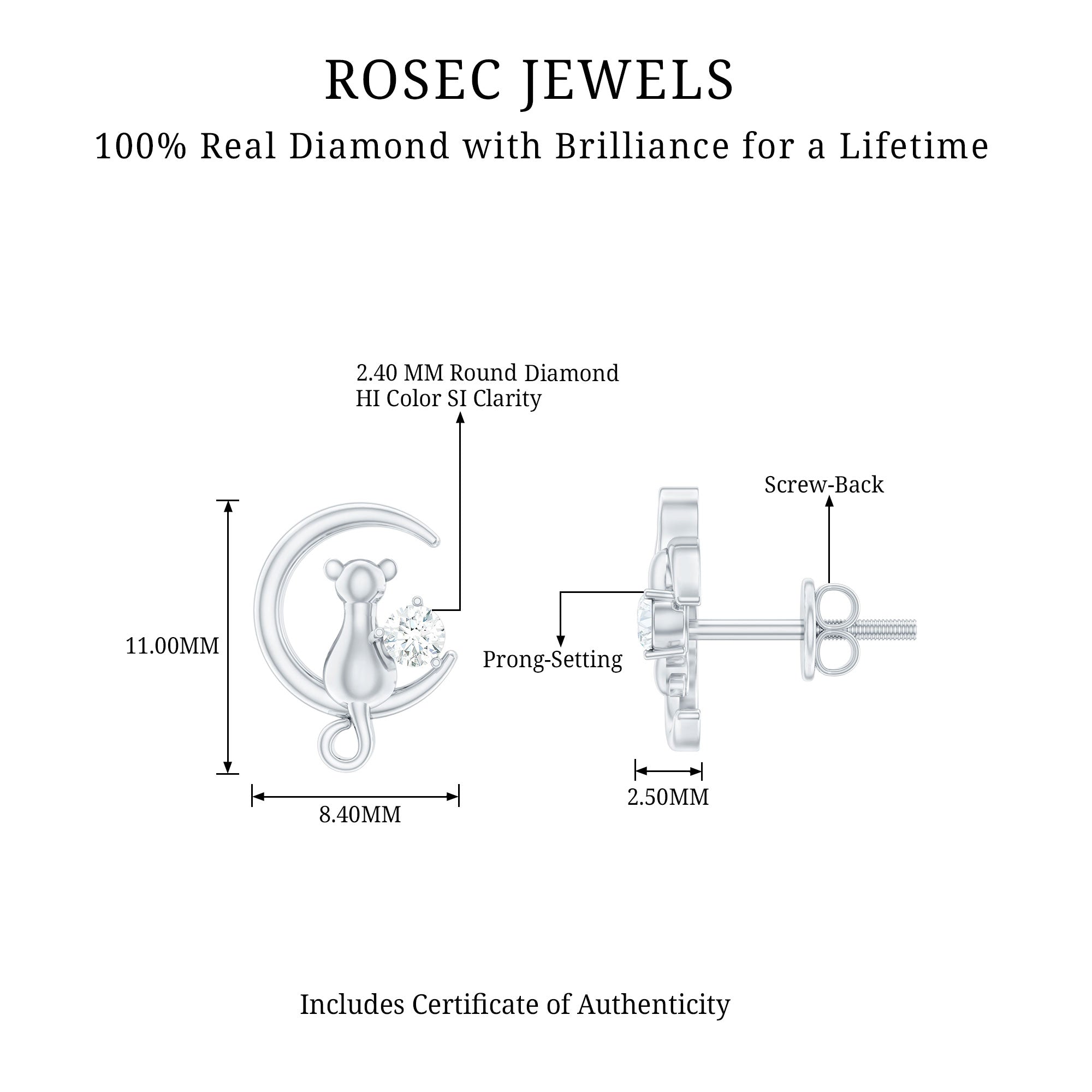 Diamond Cat Moon Stud Earrings for Women Lab - ( EF-VS ) - Rosec Jewels