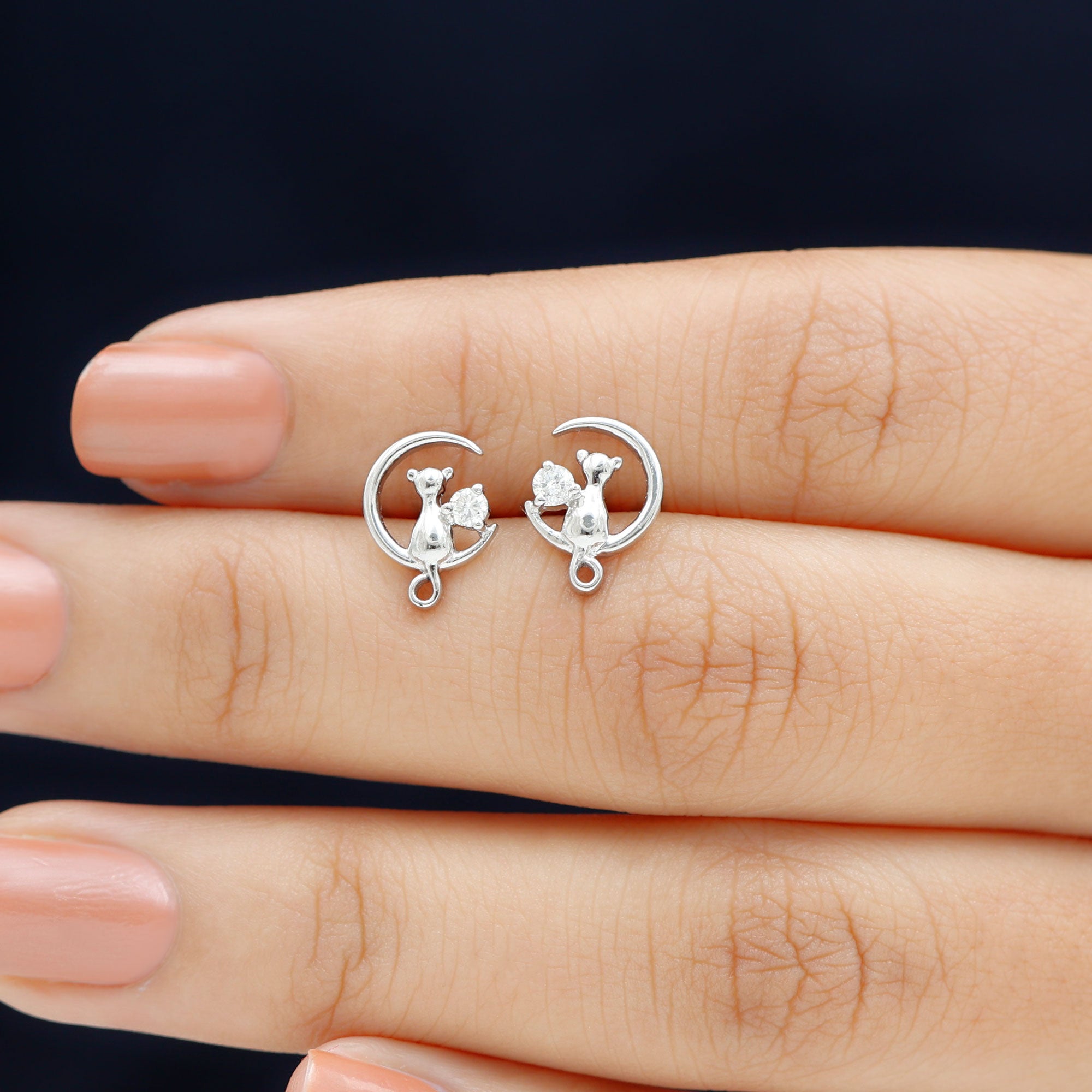 Rosec Jewels-Cat Moon Stud Earrings for Women with Diamond