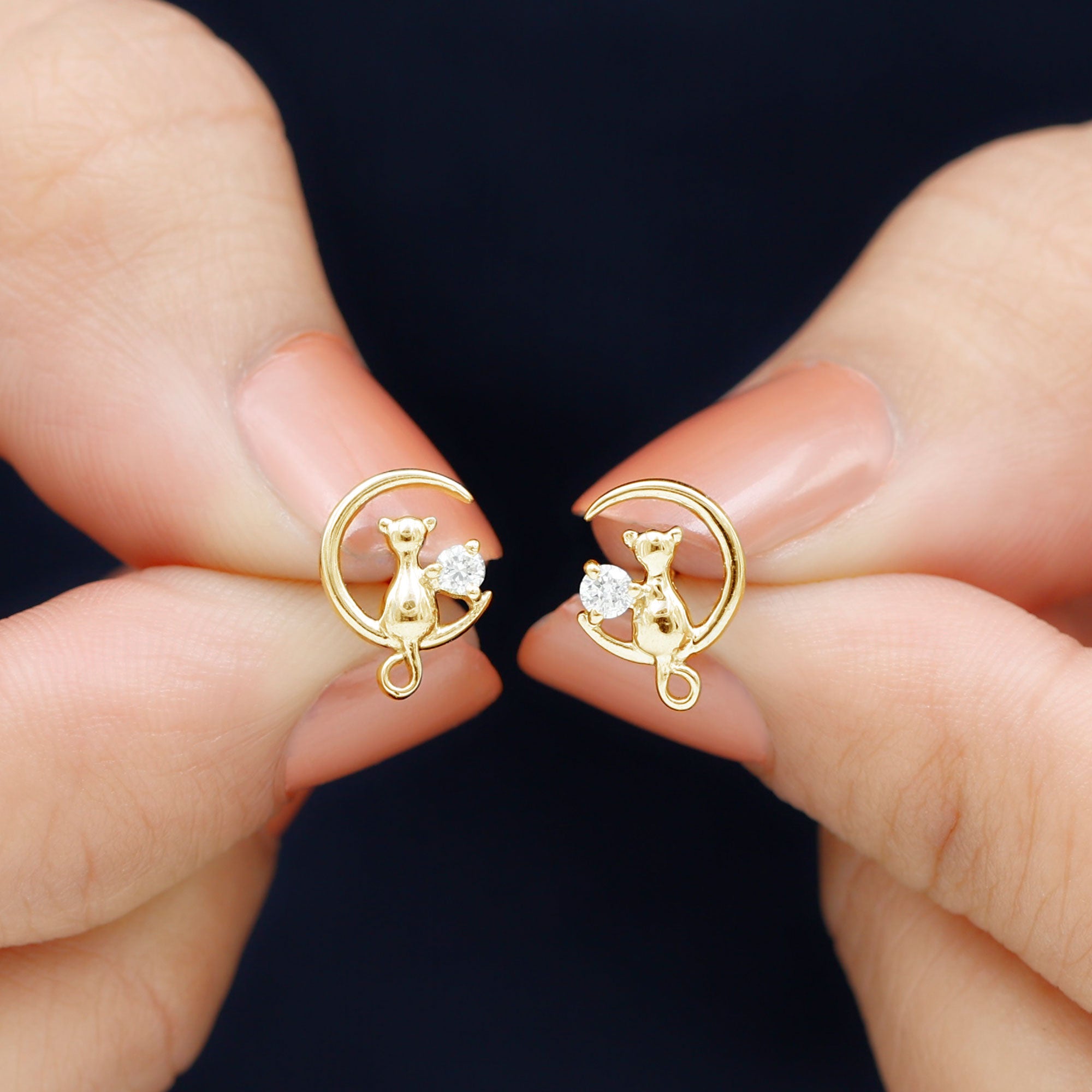 Rosec Jewels-Cat Moon Stud Earrings for Women with Diamond