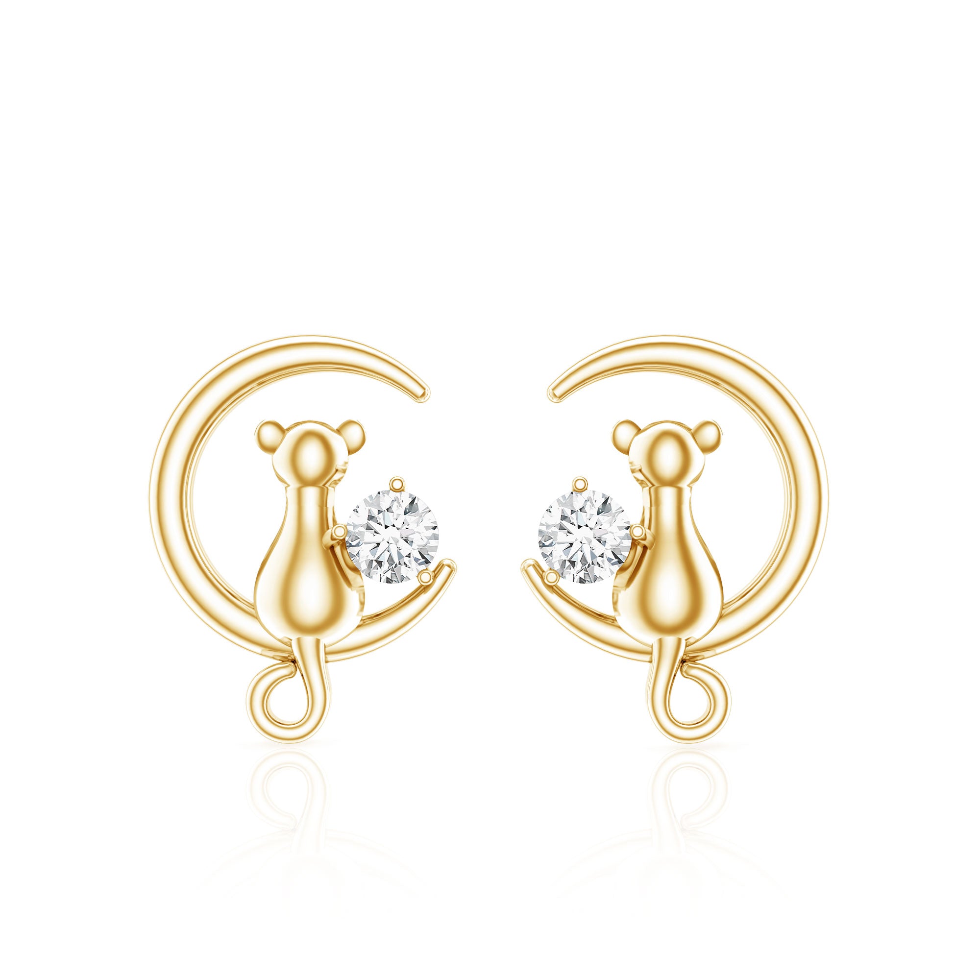 Diamond Cat Moon Stud Earrings for Women Lab - ( EF-VS ) - Rosec Jewels