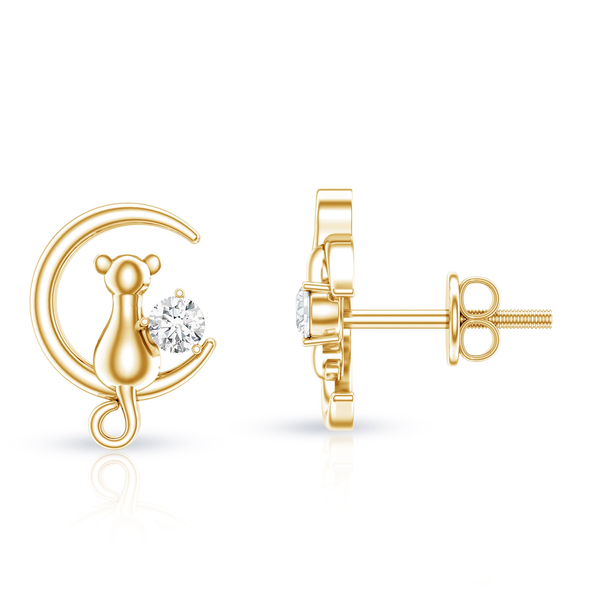 Diamond Cat Moon Stud Earrings for Women Lab - ( EF-VS ) - Rosec Jewels