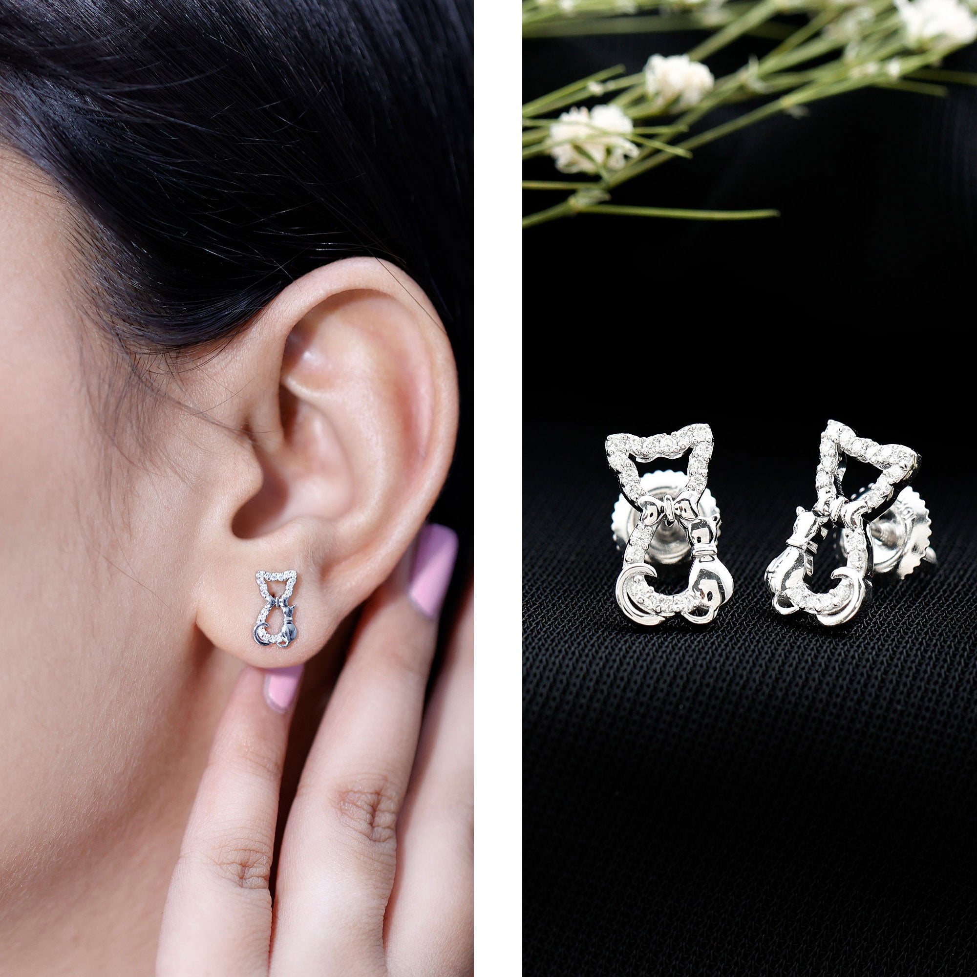 Certified Diamond Cat Stud Earrings Lab - ( EF-VS ) - Rosec Jewels