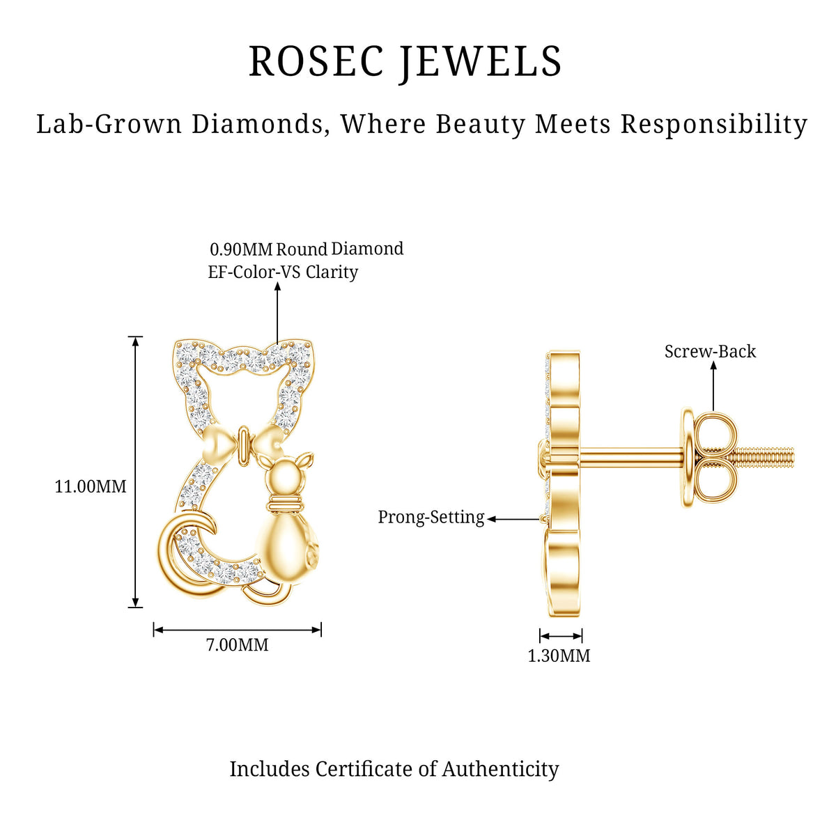 Certified Diamond Cat Stud Earrings Lab - ( EF-VS ) - Rosec Jewels