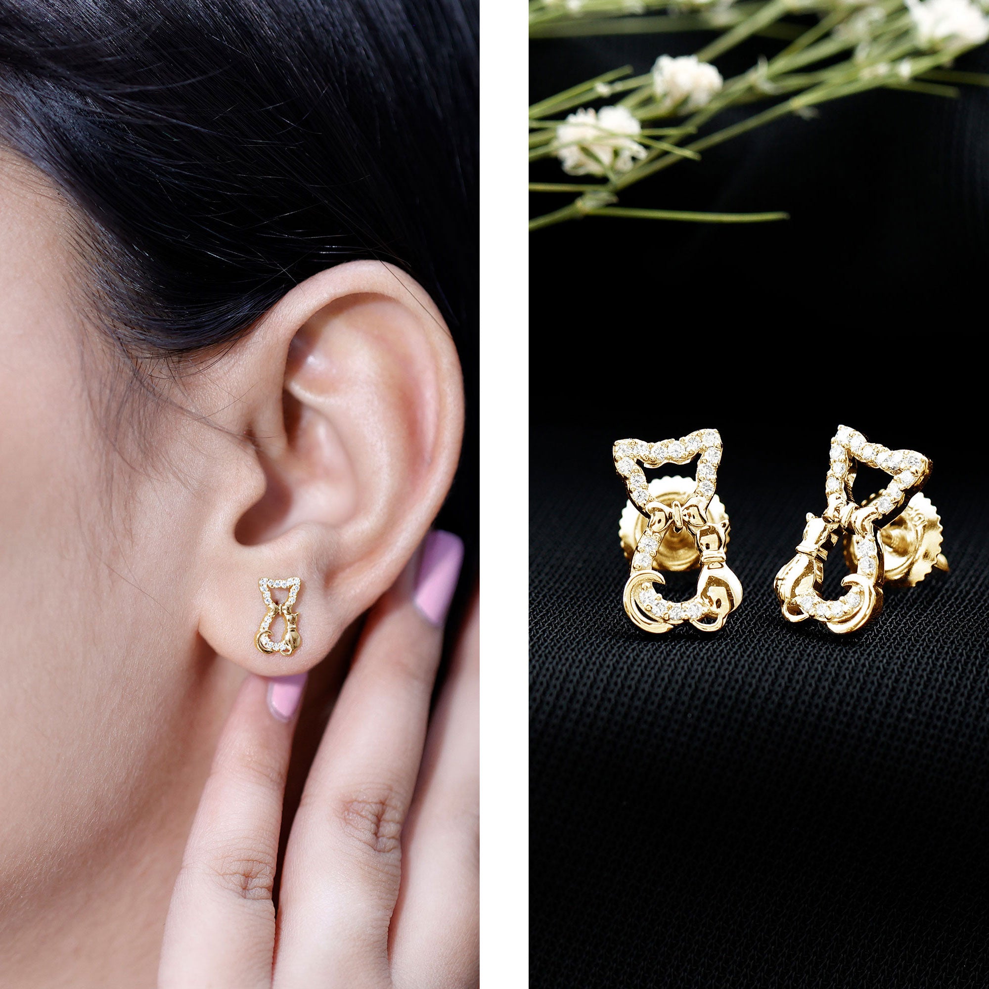 Certified Diamond Cat Stud Earrings Lab - ( EF-VS ) - Rosec Jewels