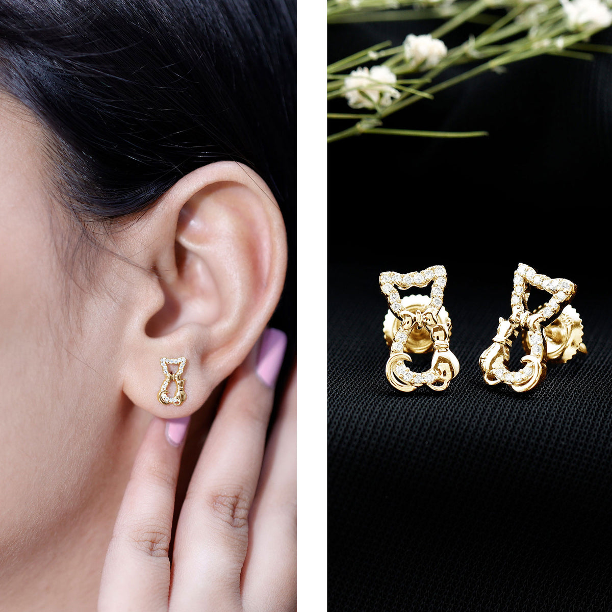 Certified Diamond Cat Stud Earrings Lab - ( EF-VS ) - Rosec Jewels