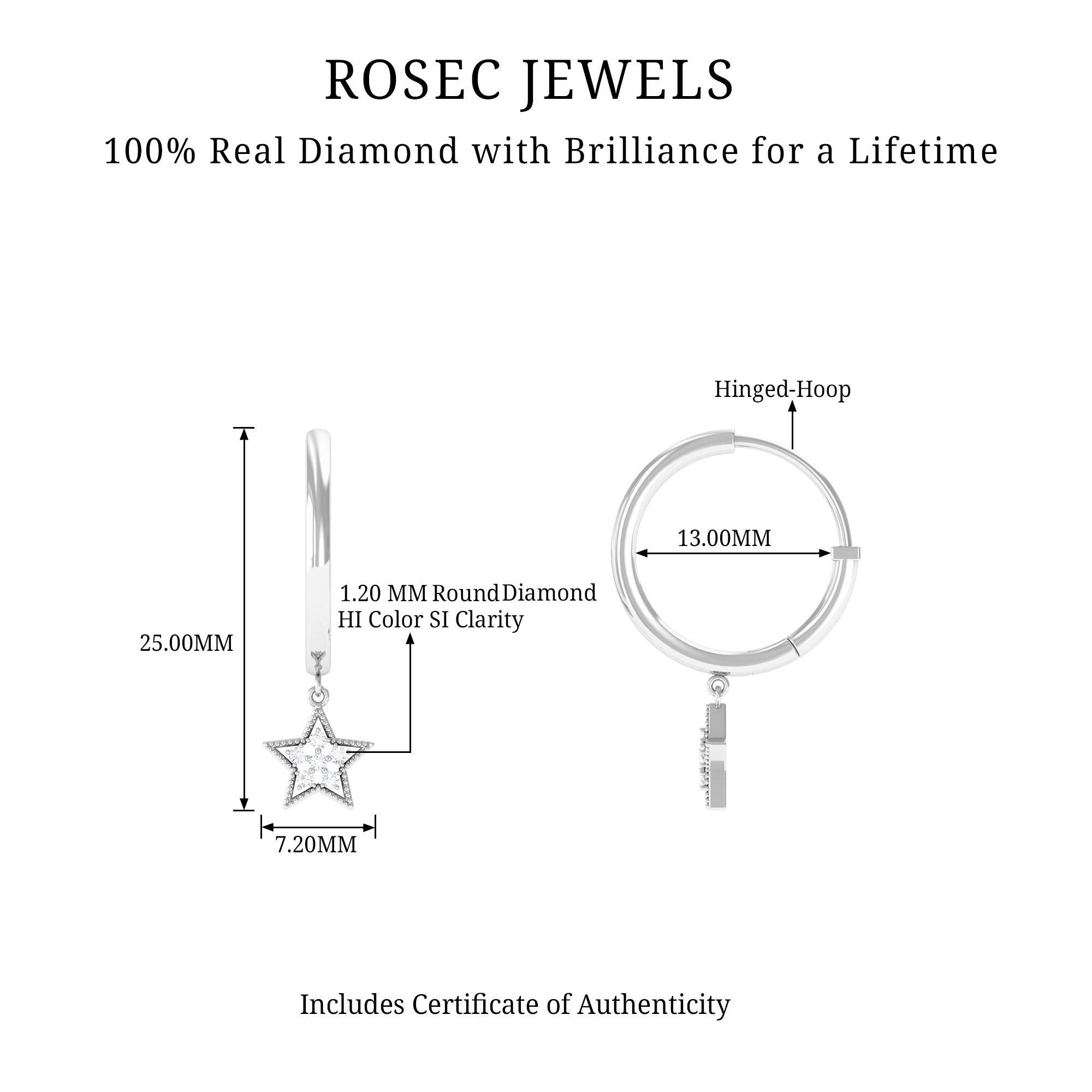 Diamond Star Drop Hoop Earrings Lab - ( EF-VS ) - Rosec Jewels