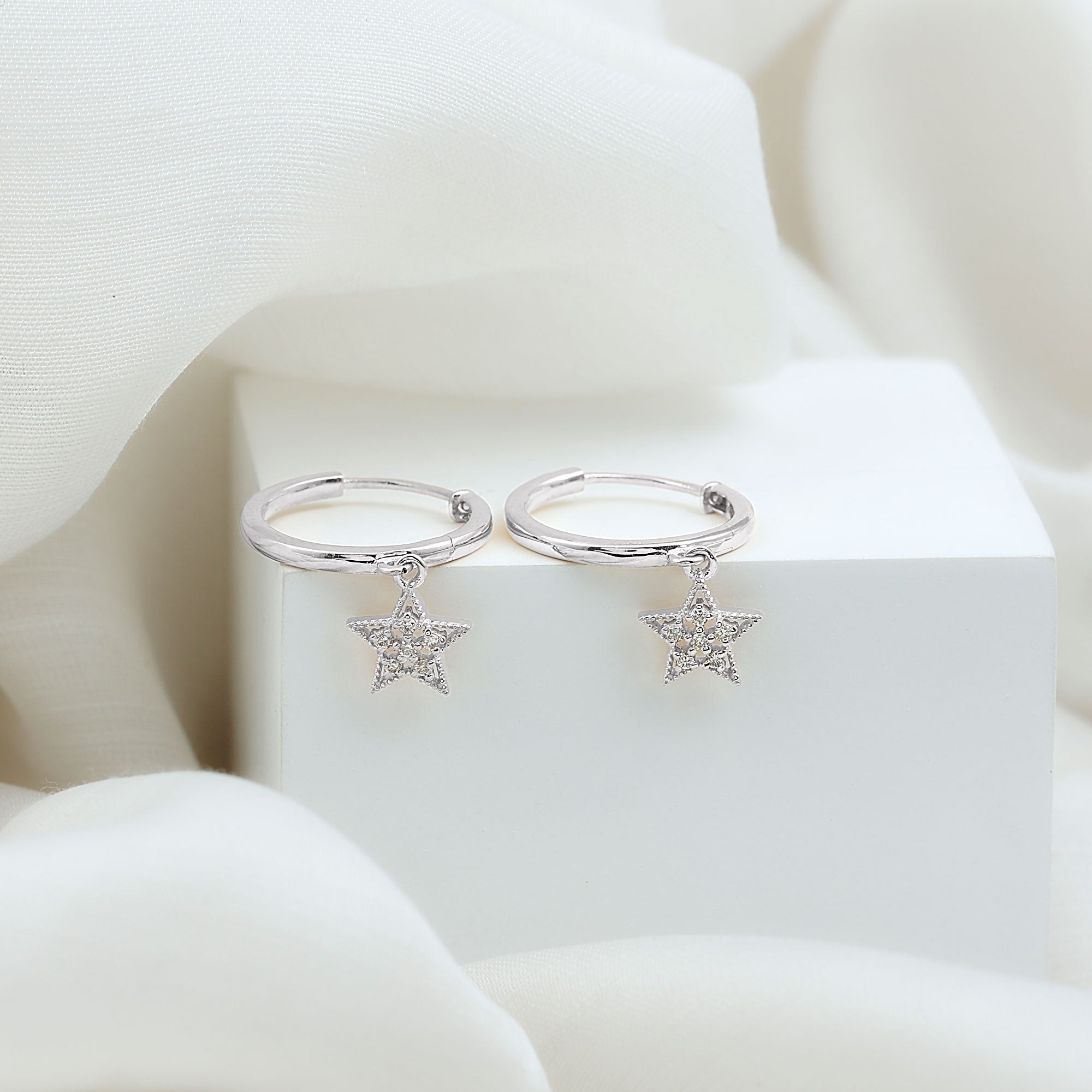 Diamond Star Drop Hoop Earrings Lab - ( EF-VS ) - Rosec Jewels