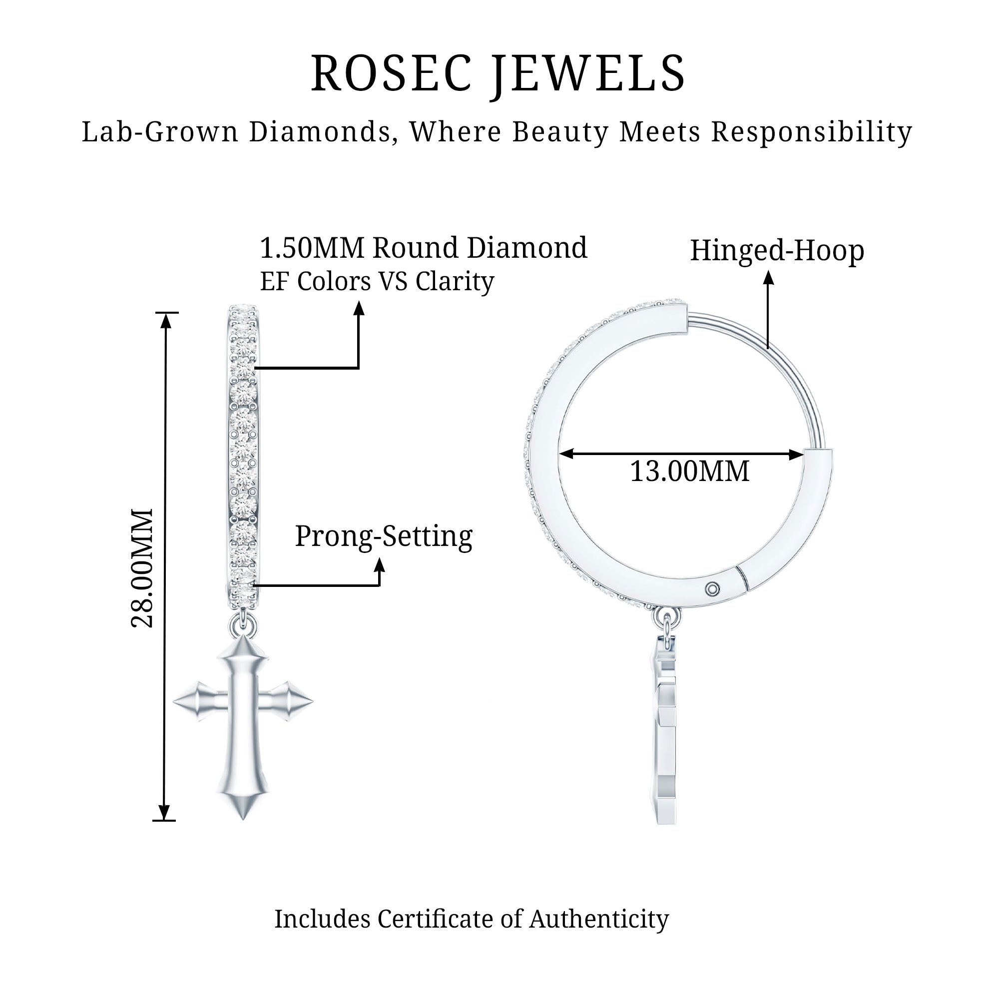 Certified Diamond Cross Drop Hoop Earrings Lab - ( EF-VS ) - Rosec Jewels