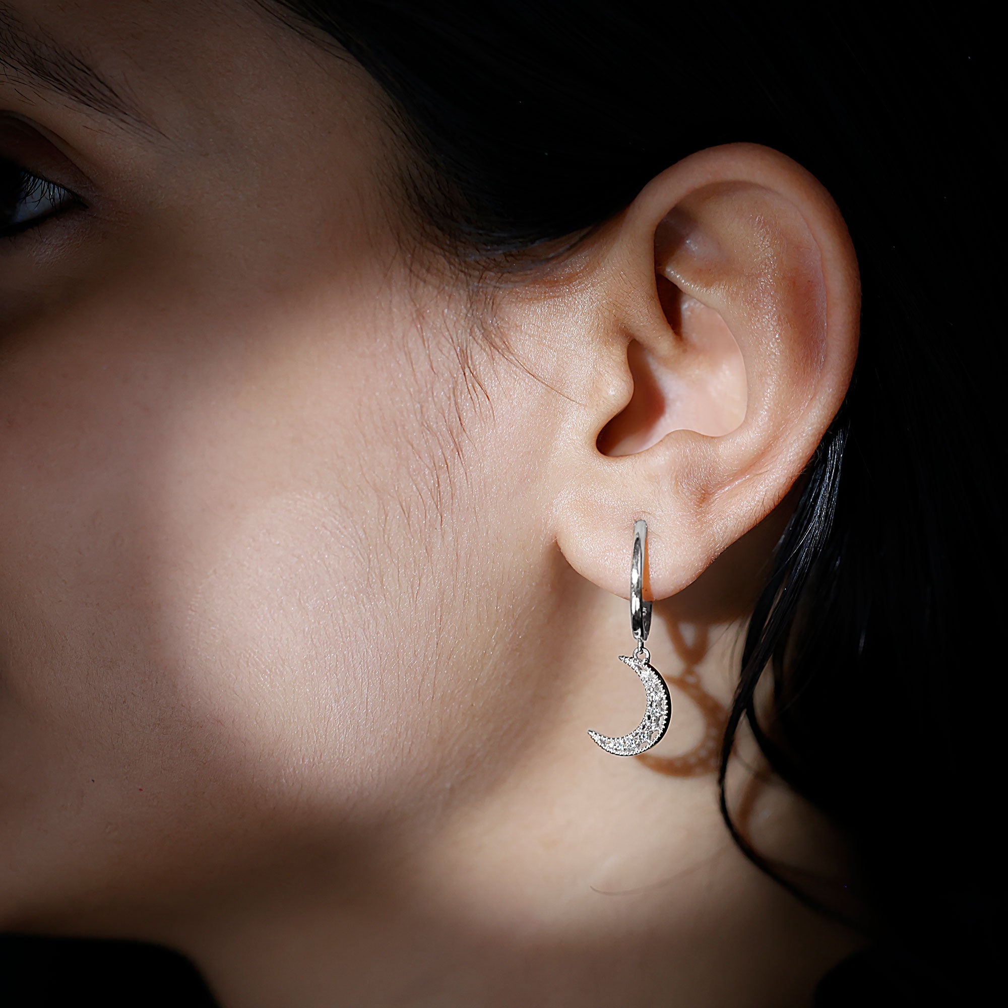 Certified Diamond Moon Drop Hoop Earrings Lab - ( EF-VS ) - Rosec Jewels