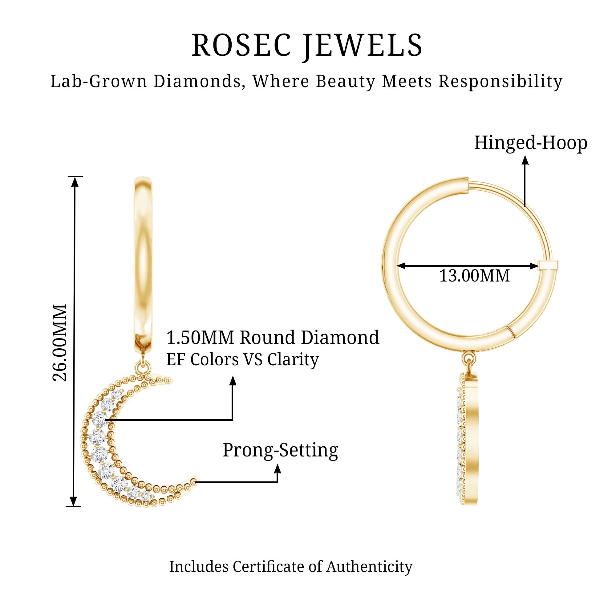 Certified Diamond Moon Drop Hoop Earrings Lab - ( EF-VS ) - Rosec Jewels