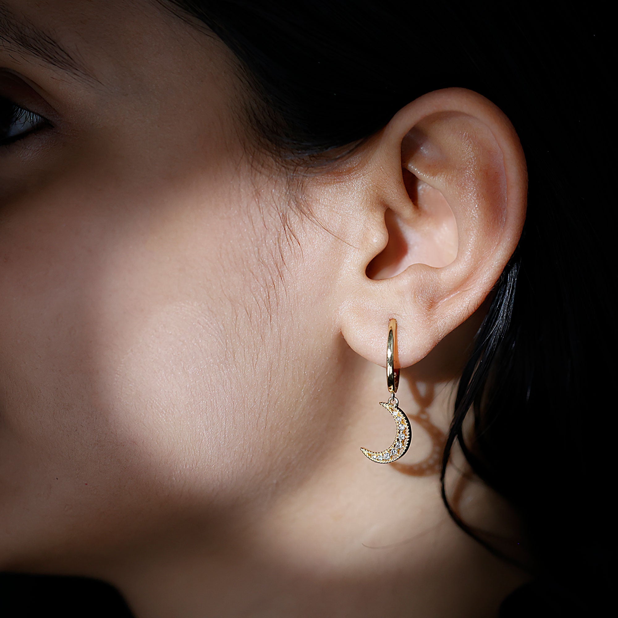 Certified Diamond Moon Drop Hoop Earrings Lab - ( EF-VS ) - Rosec Jewels