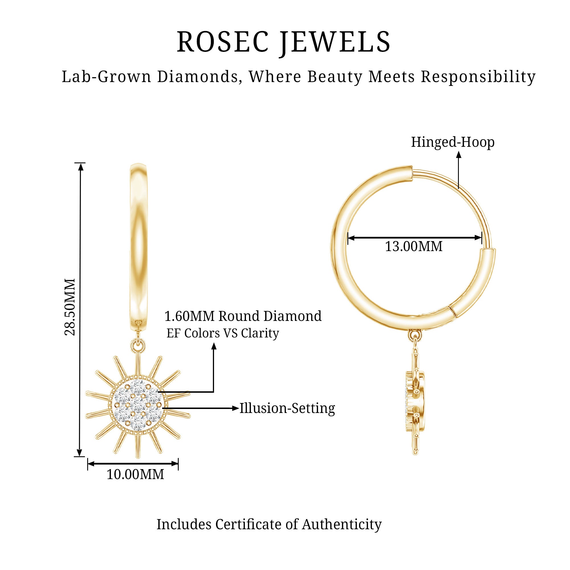 Certified Diamond Sunburst Hoop Earrings Lab - ( EF-VS ) - Rosec Jewels