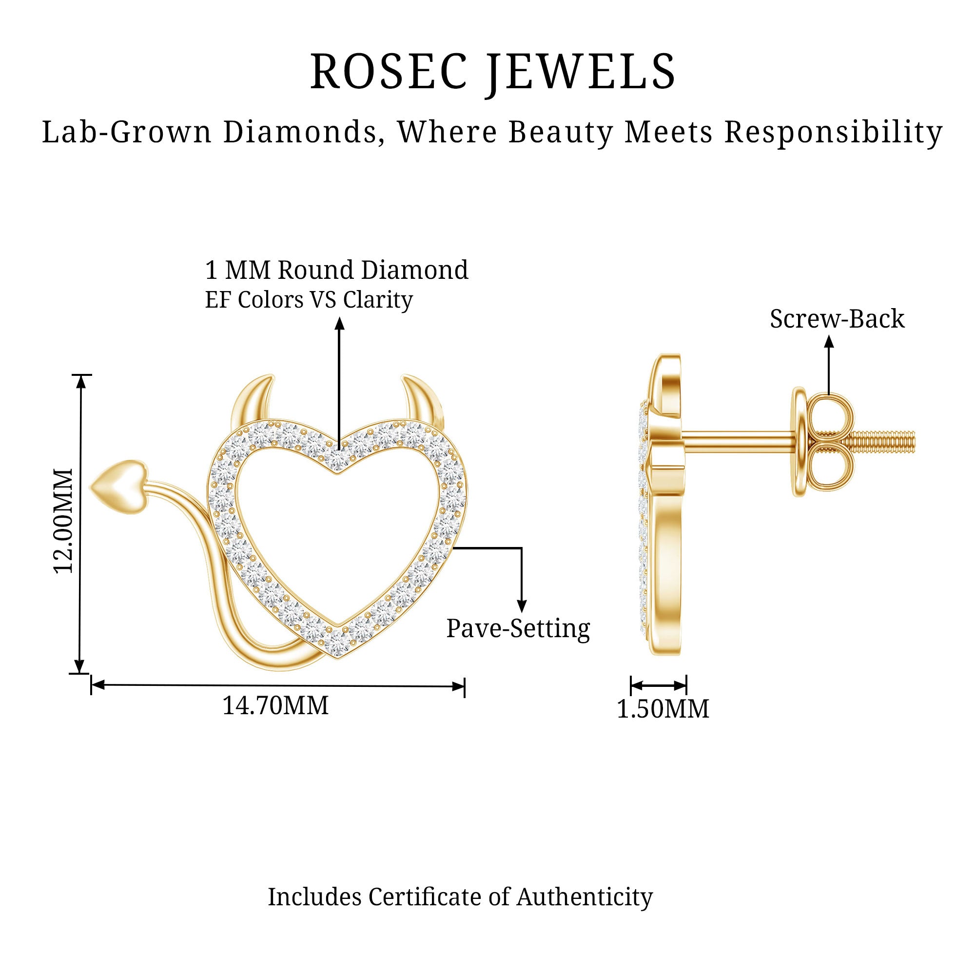 Round Diamond Devil Heart Earrings Lab - ( EF-VS ) - Rosec Jewels