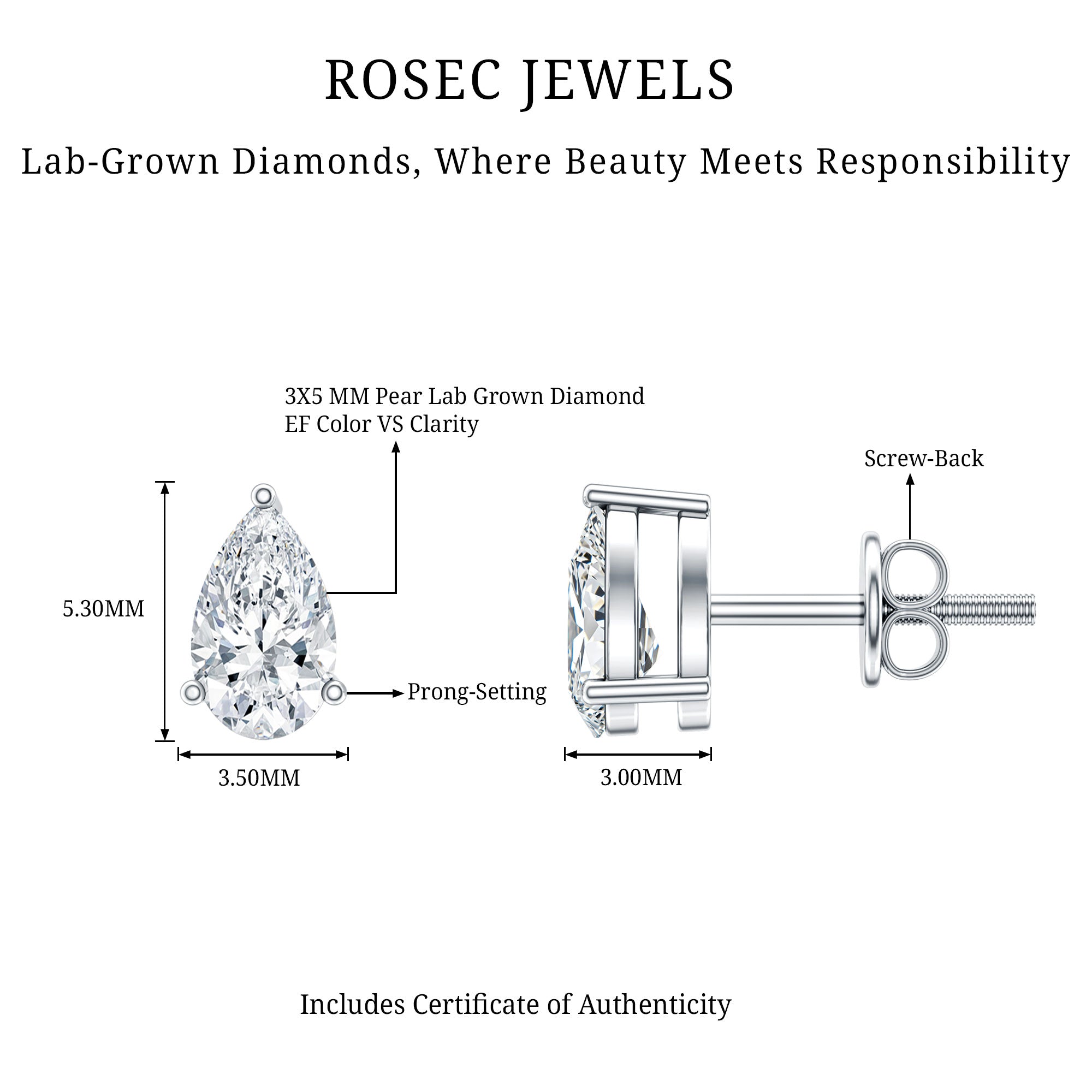 Pear Cut Diamond Solitaire Stud Earrings Lab - ( EF-VS ) - Rosec Jewels