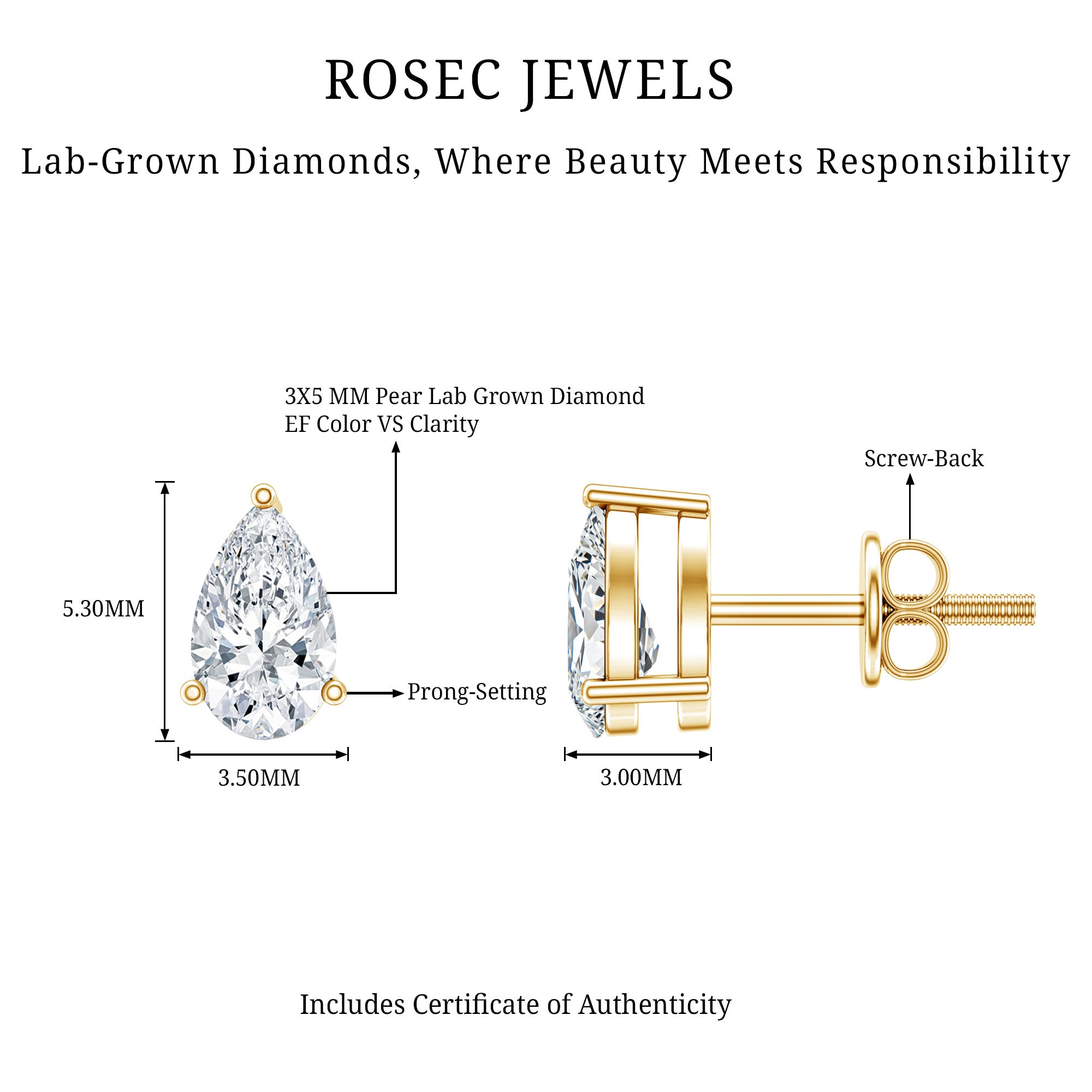 Pear Cut Diamond Solitaire Stud Earrings Lab - ( EF-VS ) - Rosec Jewels