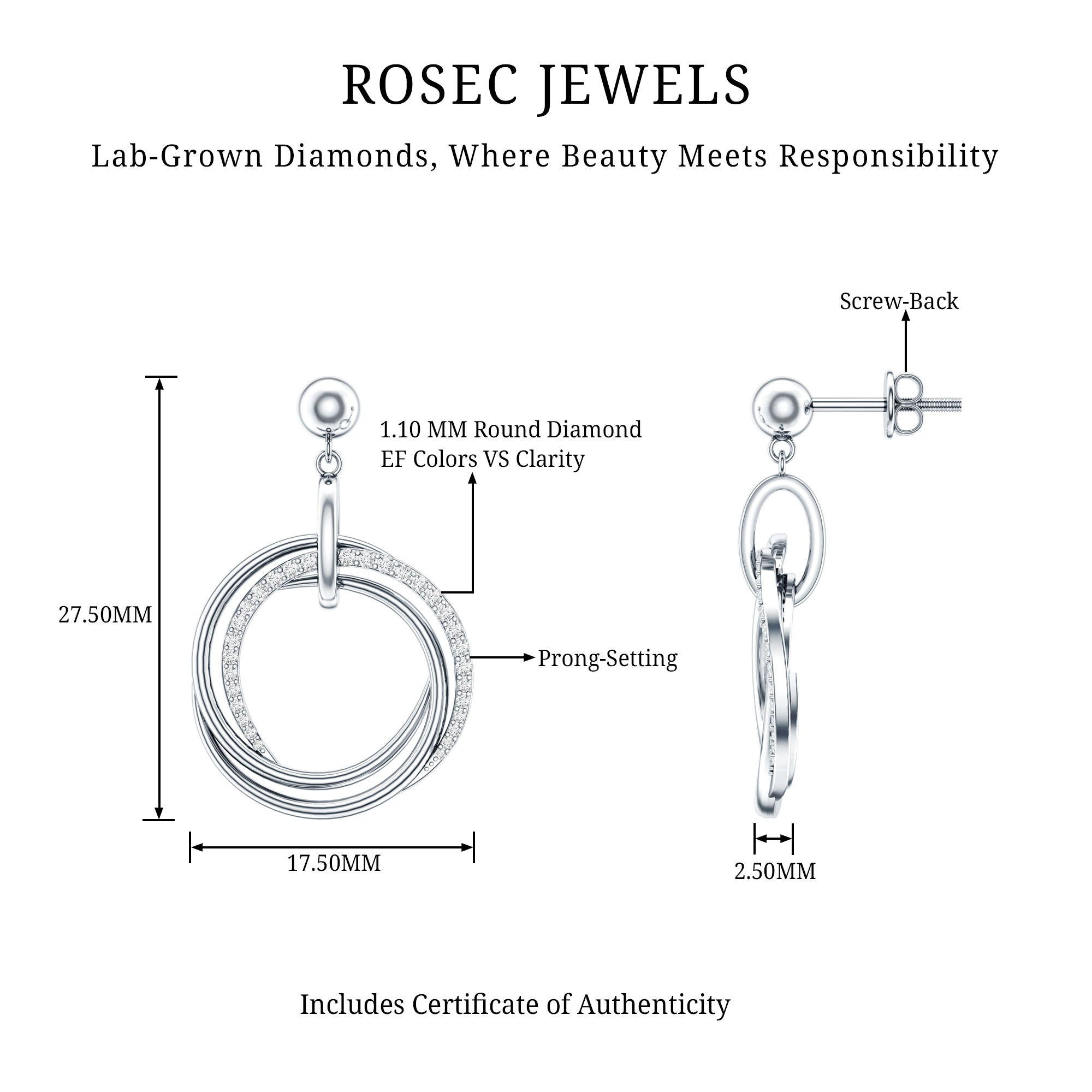 Round Cut Diamond Drop Earring with Screw Back Closure Lab - ( EF-VS ) - Rosec Jewels