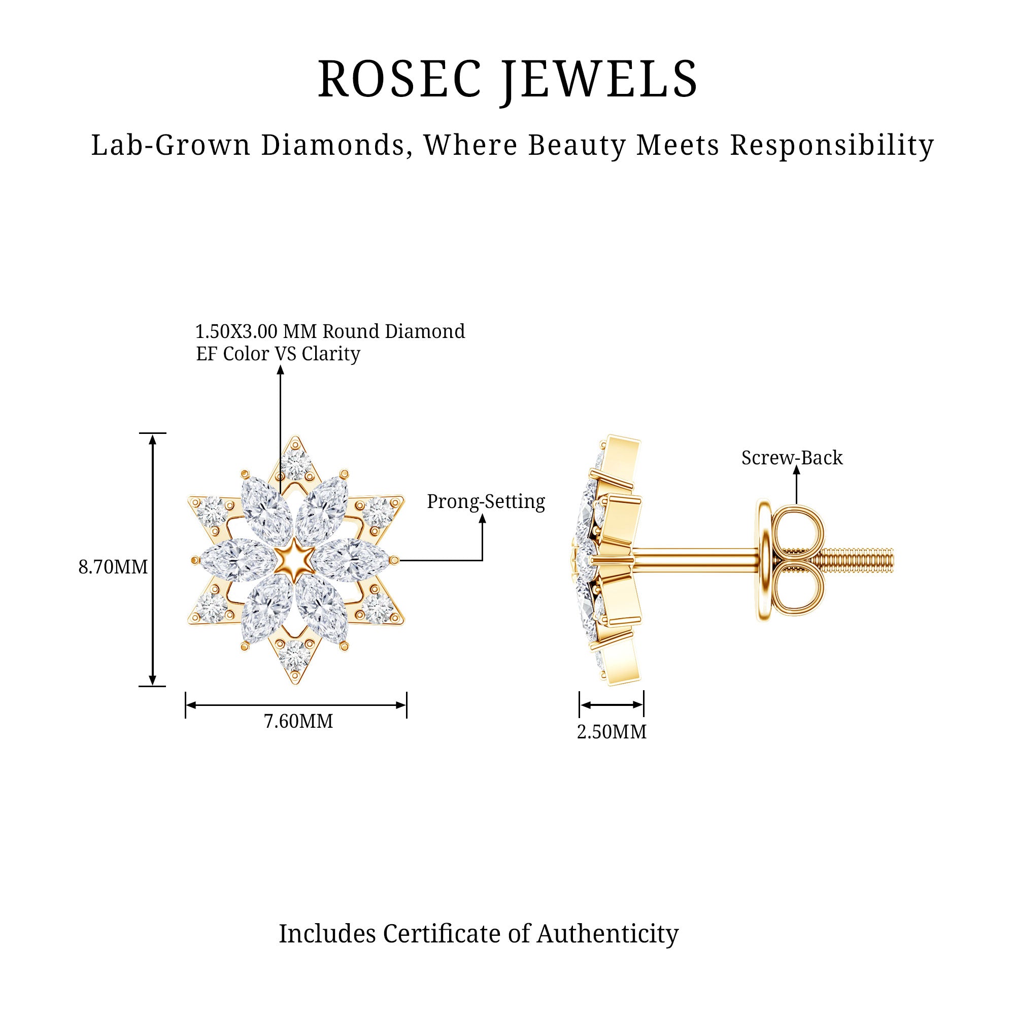 Round Diamond Flower Stud Earrings With Screw Back Lab - ( EF-VS ) - Rosec Jewels