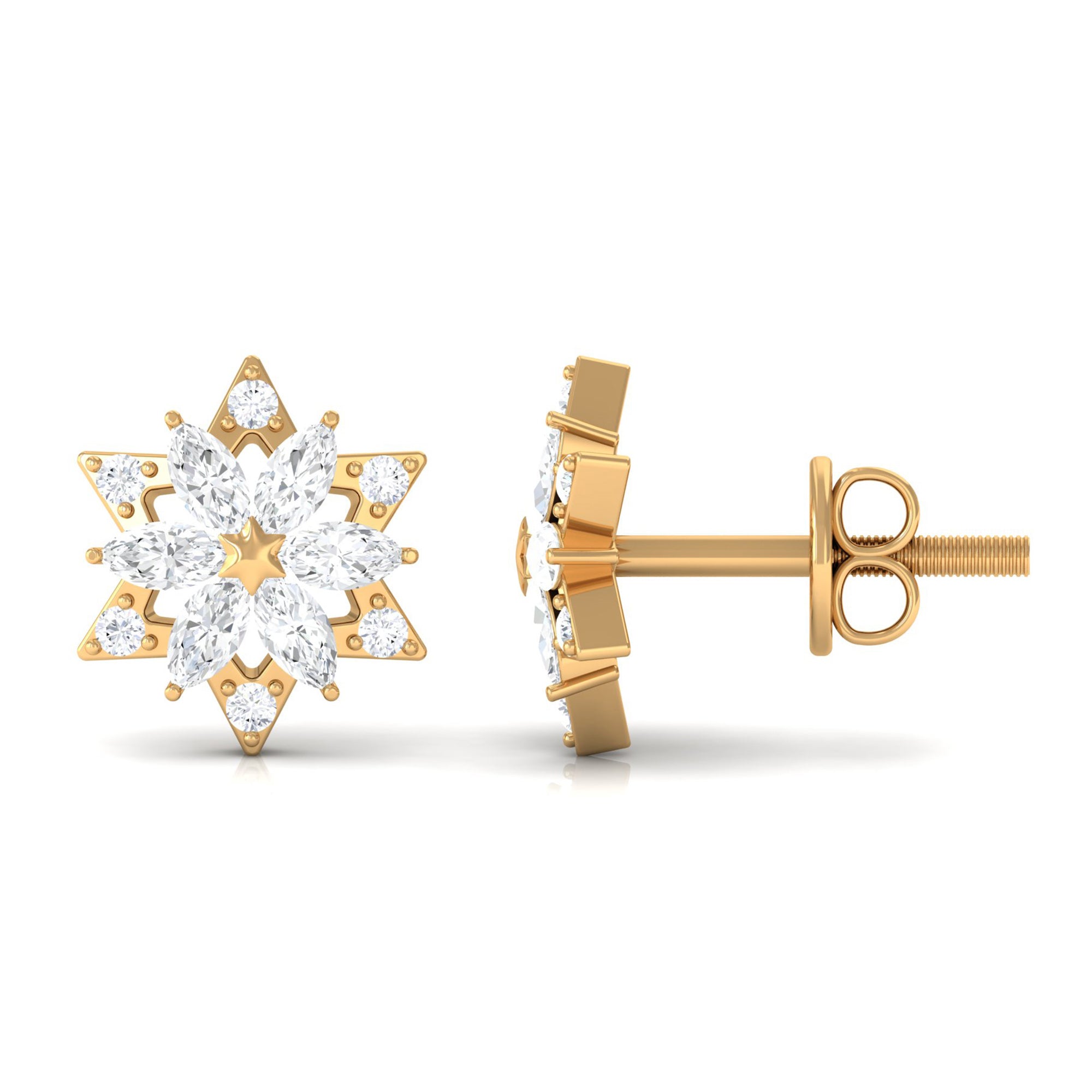 Rosec Jewels-Flower Stud Earrings with Marquise and Round Diamond