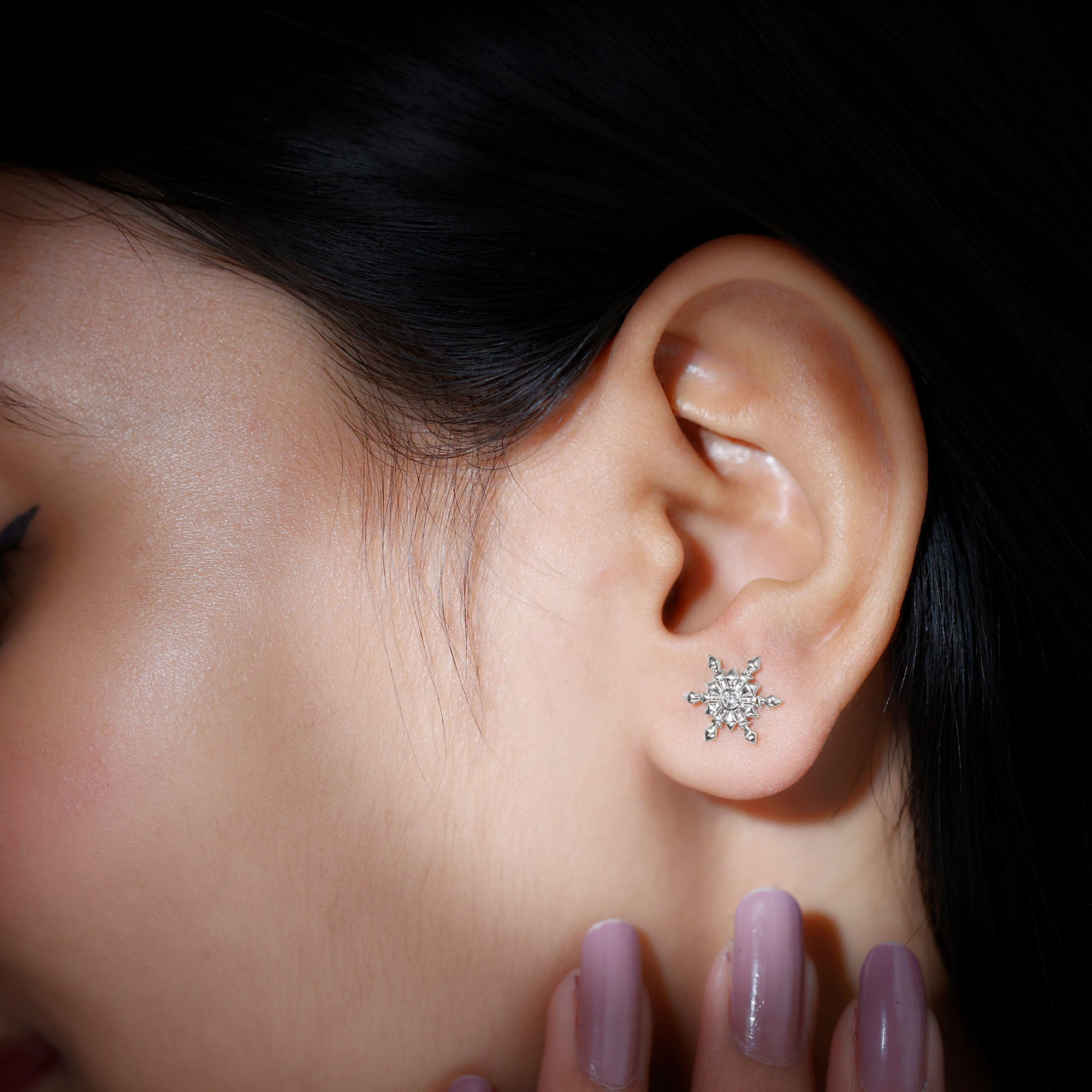 Rosec Jewels-Snowflake Stud Earrings with Bezel Set Diamond