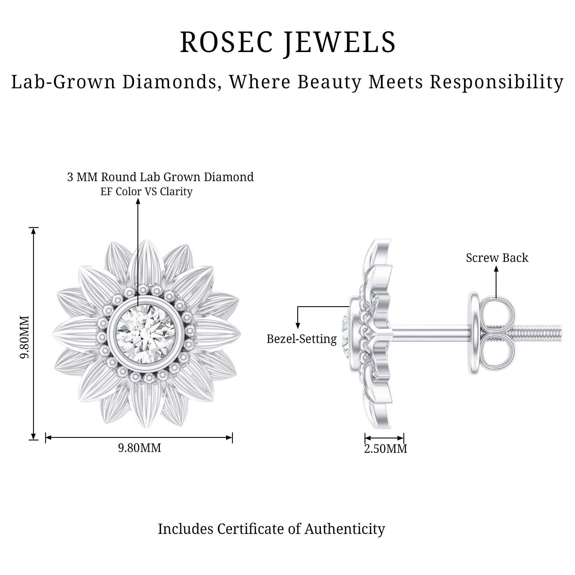 Diamond Sunflower Stud Earrings For Her Lab - ( EF-VS ) - Rosec Jewels