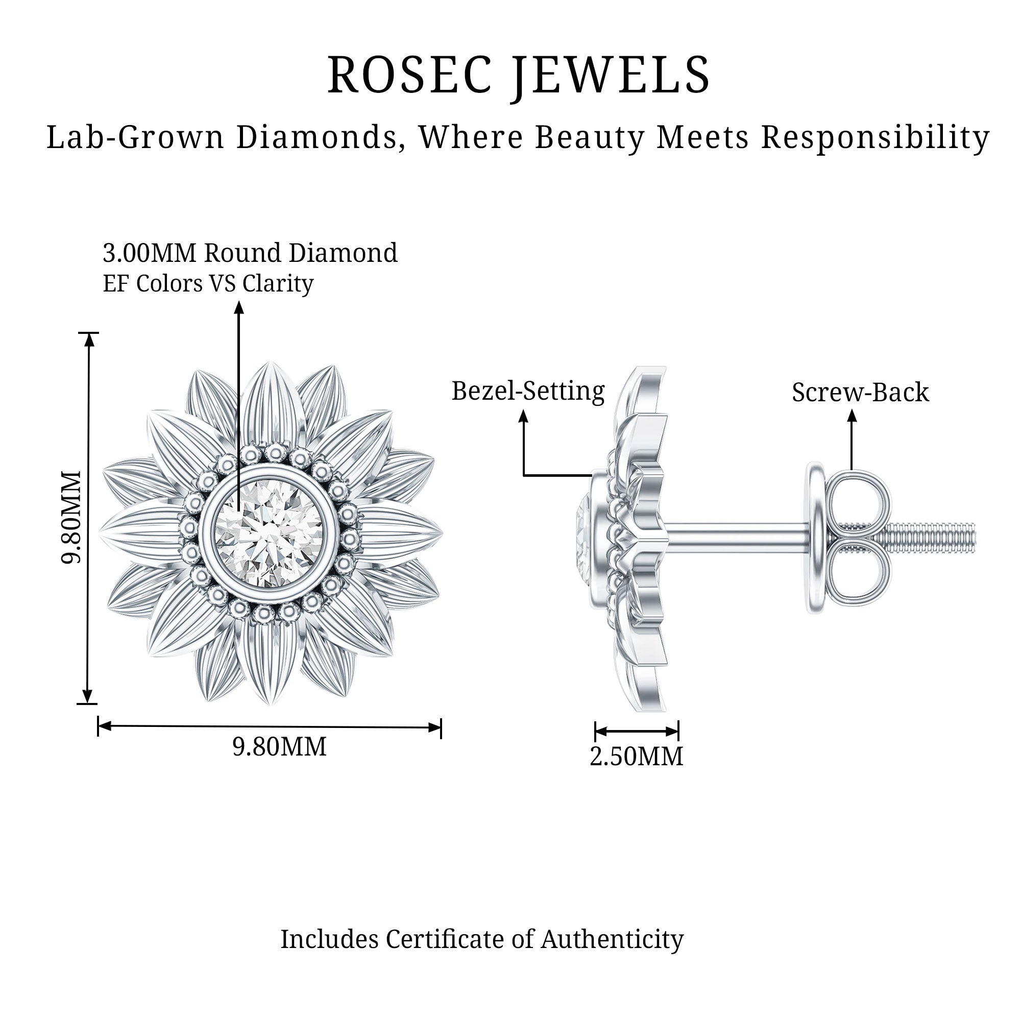 Diamond Sunflower Stud Earrings For Her Lab - ( EF-VS ) - Rosec Jewels