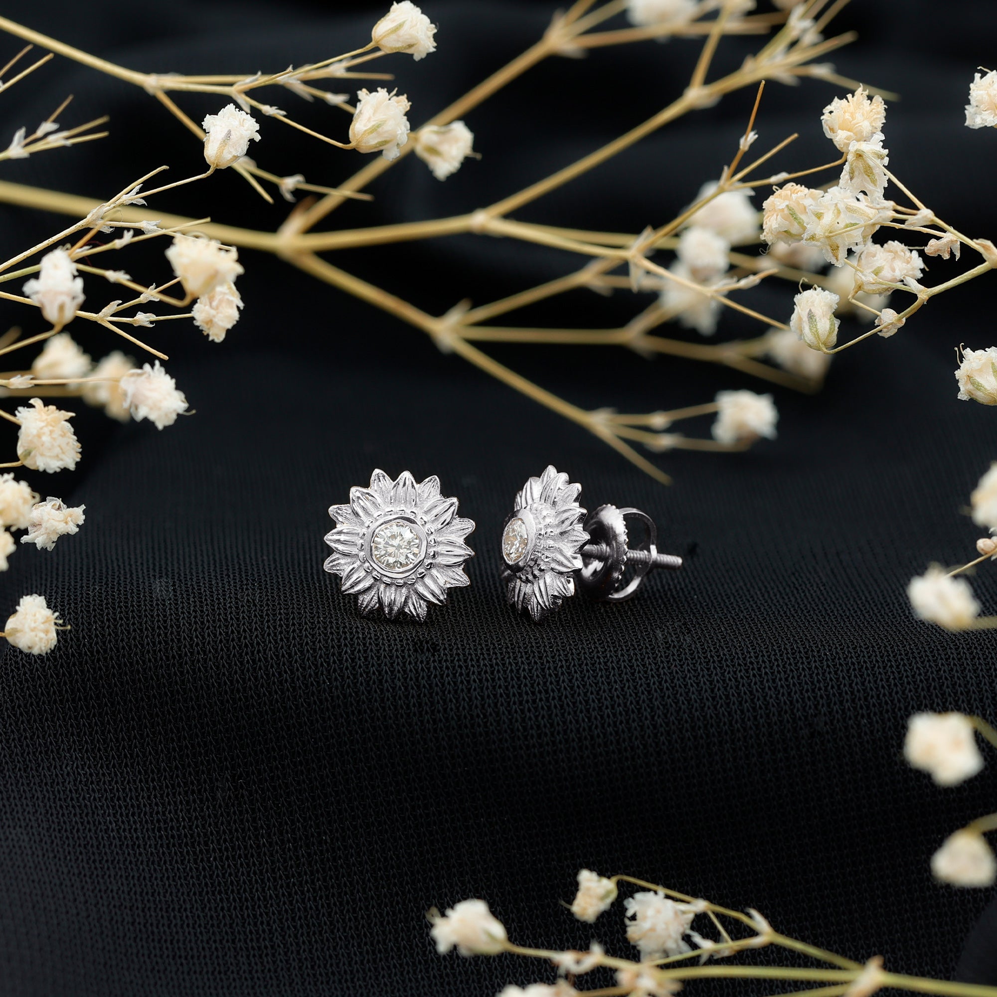 Diamond Sunflower Stud Earrings For Her Lab - ( EF-VS ) - Rosec Jewels