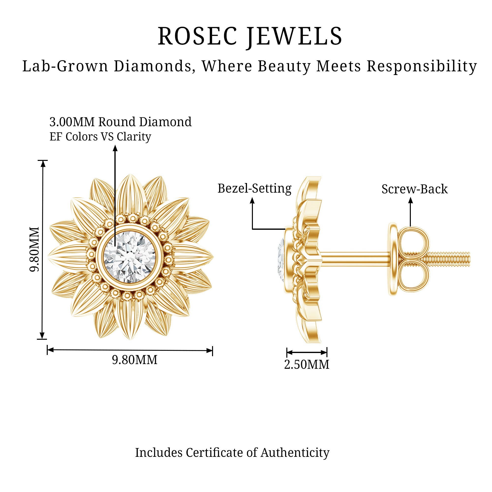 Diamond Sunflower Stud Earrings For Her Lab - ( EF-VS ) - Rosec Jewels
