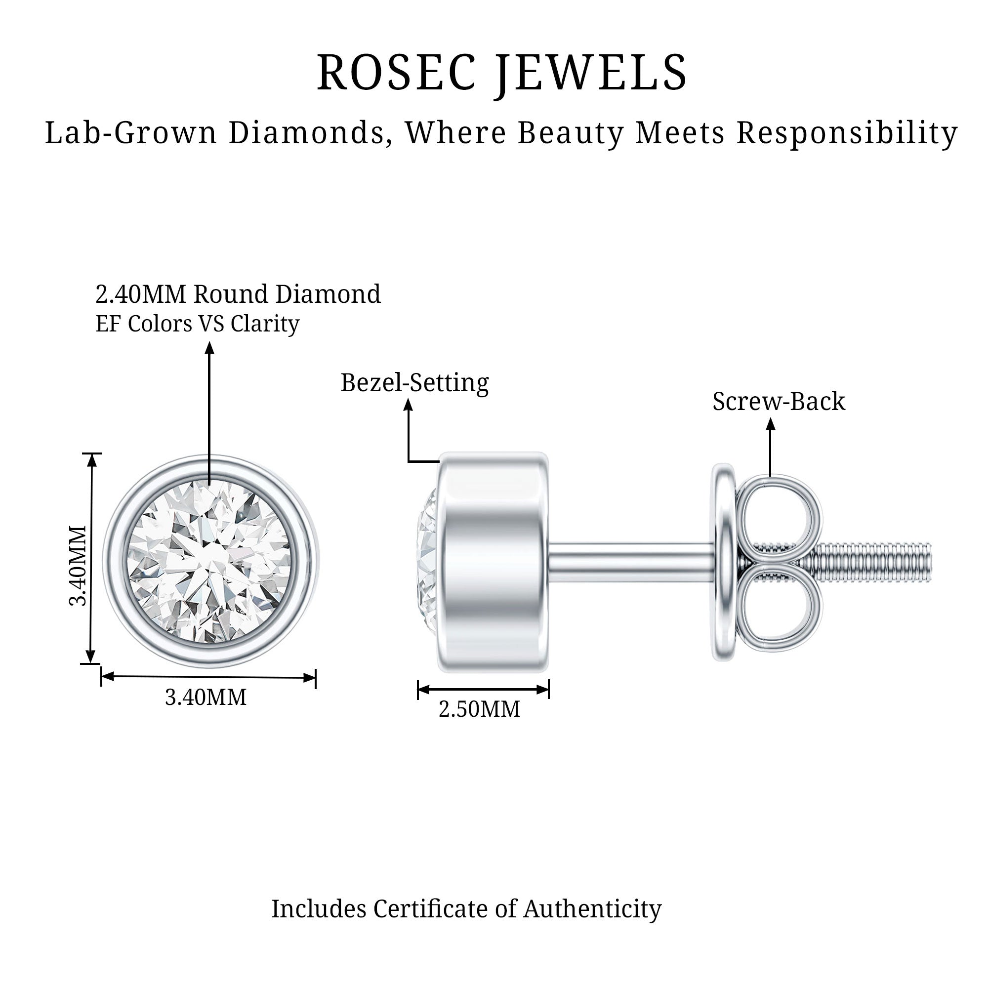 Minimalistic Bezel Set Diamond Stud Earrings Lab - ( EF-VS ) - Rosec Jewels