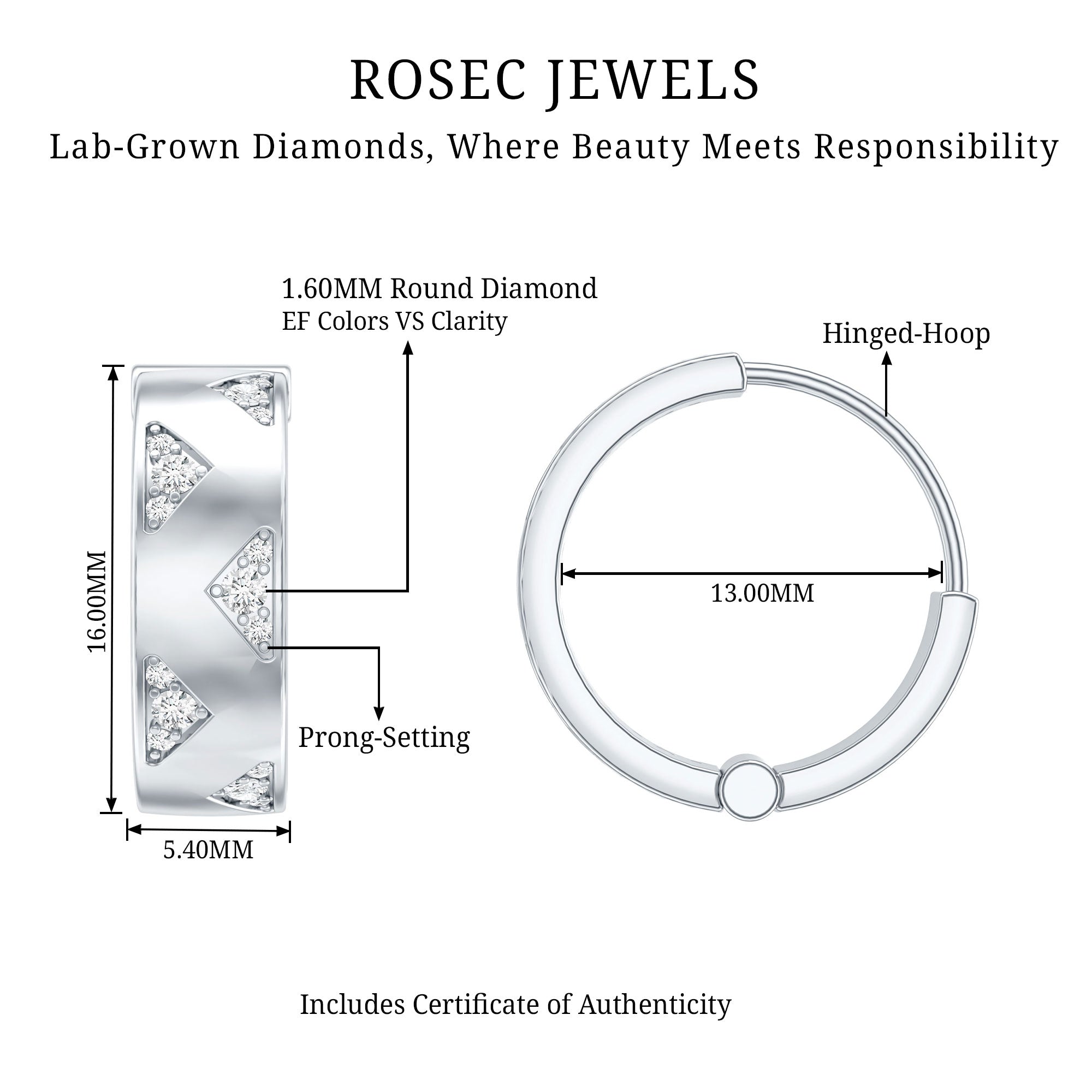 Certified Diamond Hoops For Women Lab - ( EF-VS ) - Rosec Jewels