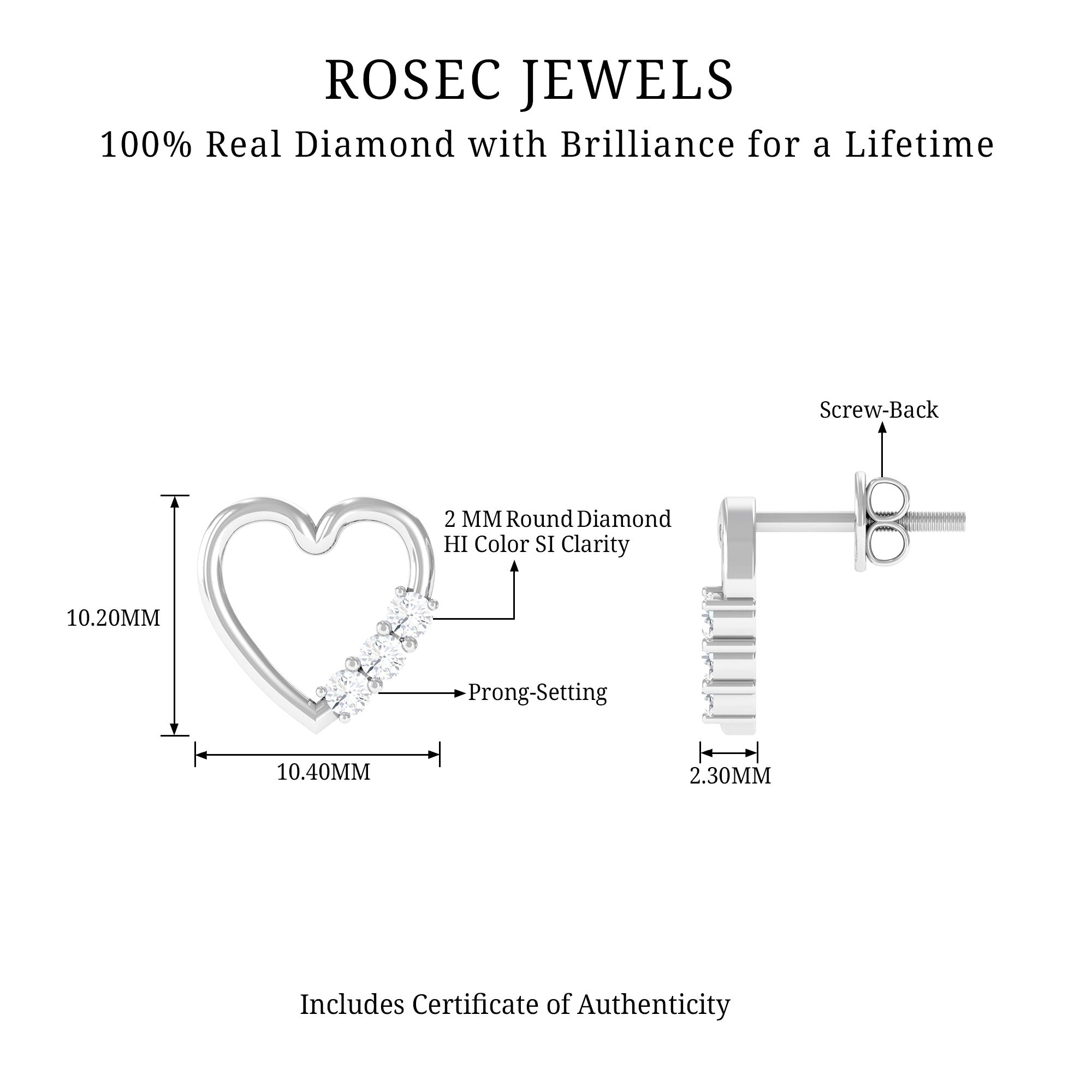 Rosec Jewels-Three Stone Diamond Gold Heart Stud Earring for Women