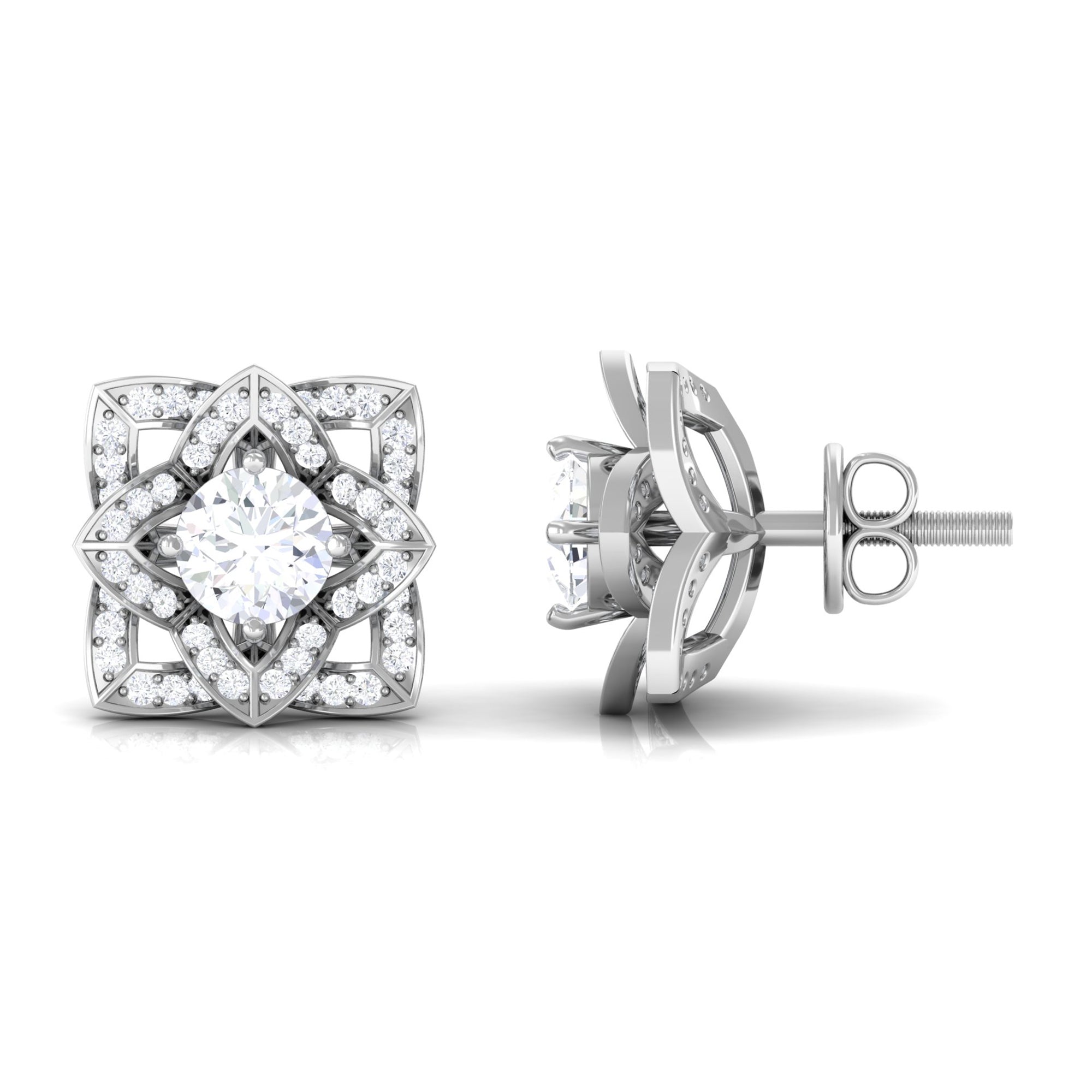 Rosec Jewels-Flower Stud Earrings with Round Shape Diamond